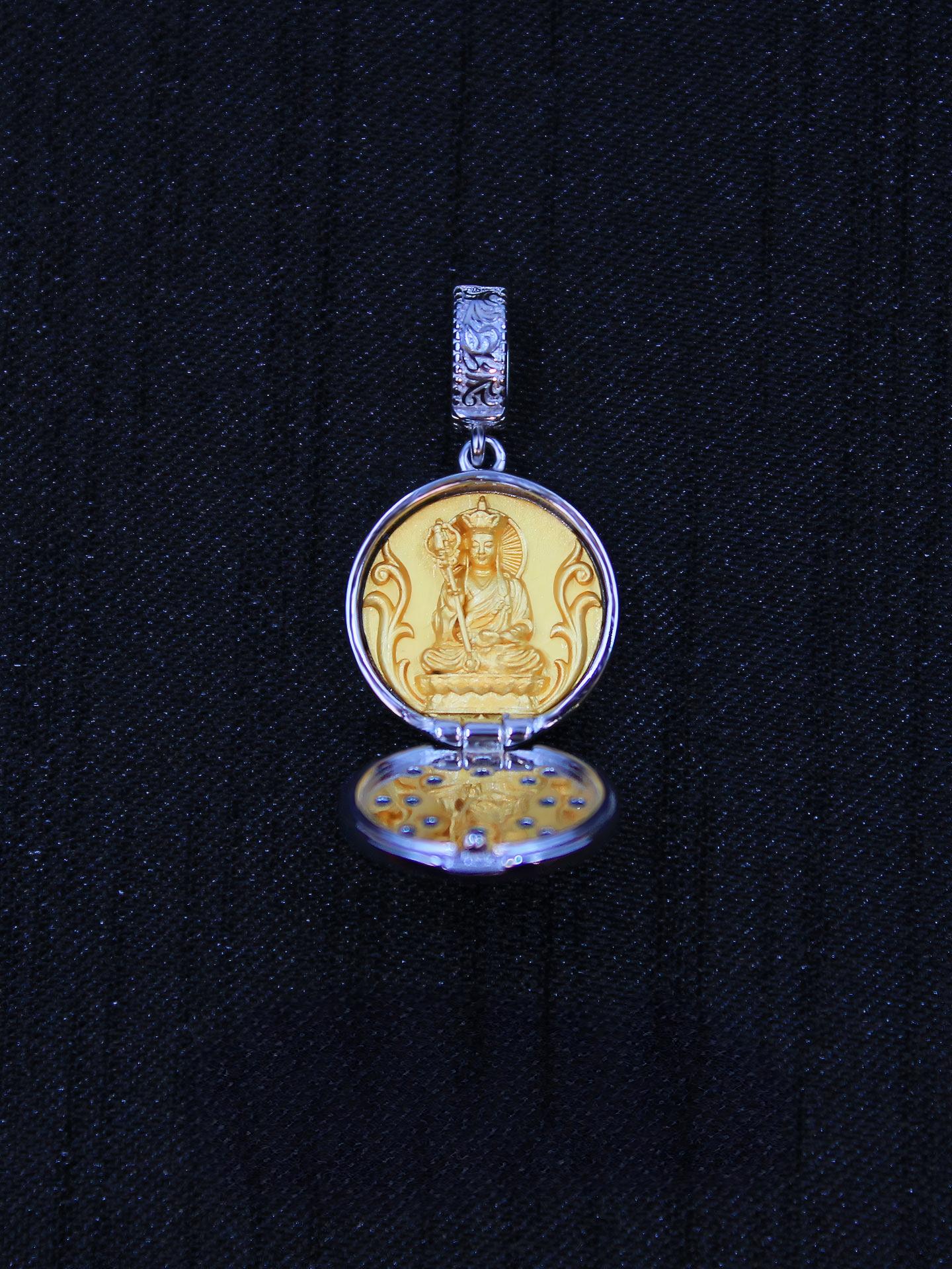 Handmade 925 sterling silver Kshitigarbha (Jizo) Gau box pendant with 24K gold plating, a core piece of Tibetan Buddhist sacrificial implements culture for clearing karma.