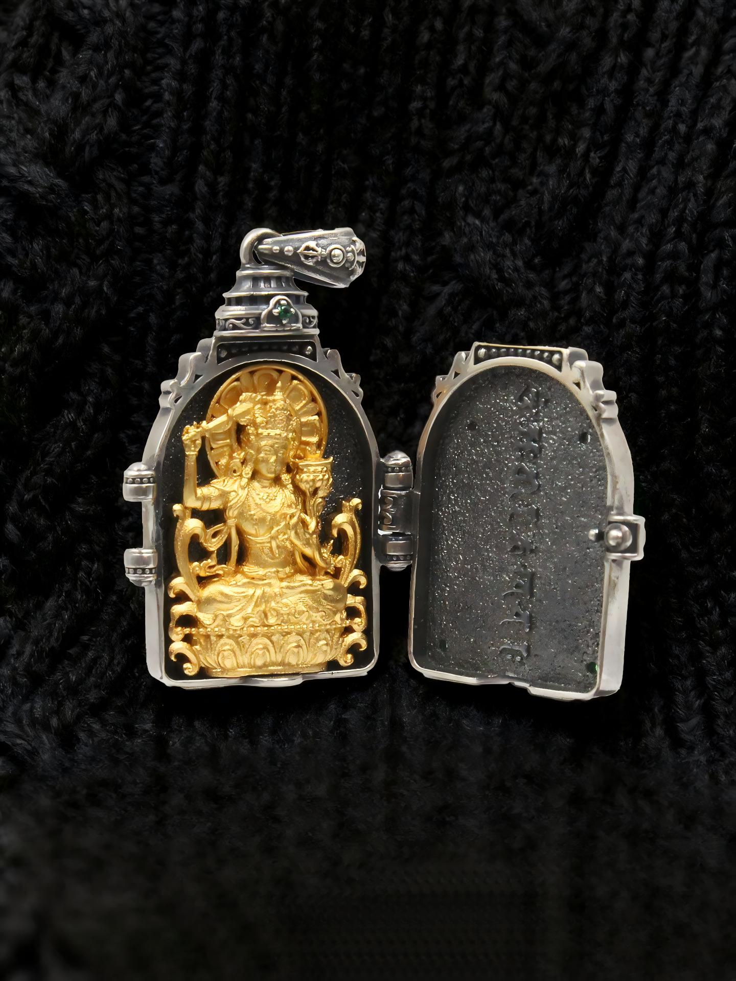 Handmade 925 sterling silver 24K gold-plated Manjusri pendant, a core piece of Tibetan Buddhist sacrificial implements culture for wisdom and success.