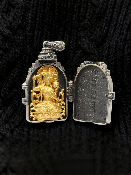 Handmade 925 sterling silver 24K gold-plated Manjusri pendant, a core piece of Tibetan Buddhist sacrificial implements culture for wisdom and success.