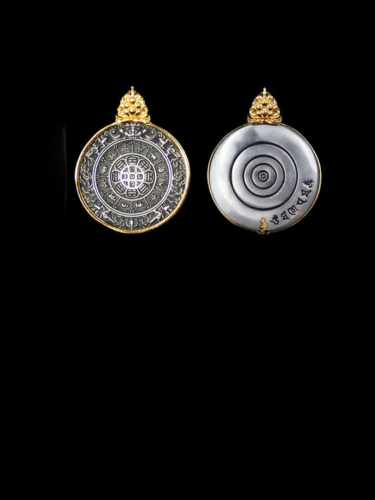 Handmade 925 sterling silver pendant with 24K gold plating, featuring the Nine Palace Eight Trigrams, a core piece of Tibetan Buddhist sacrificial implements culture.