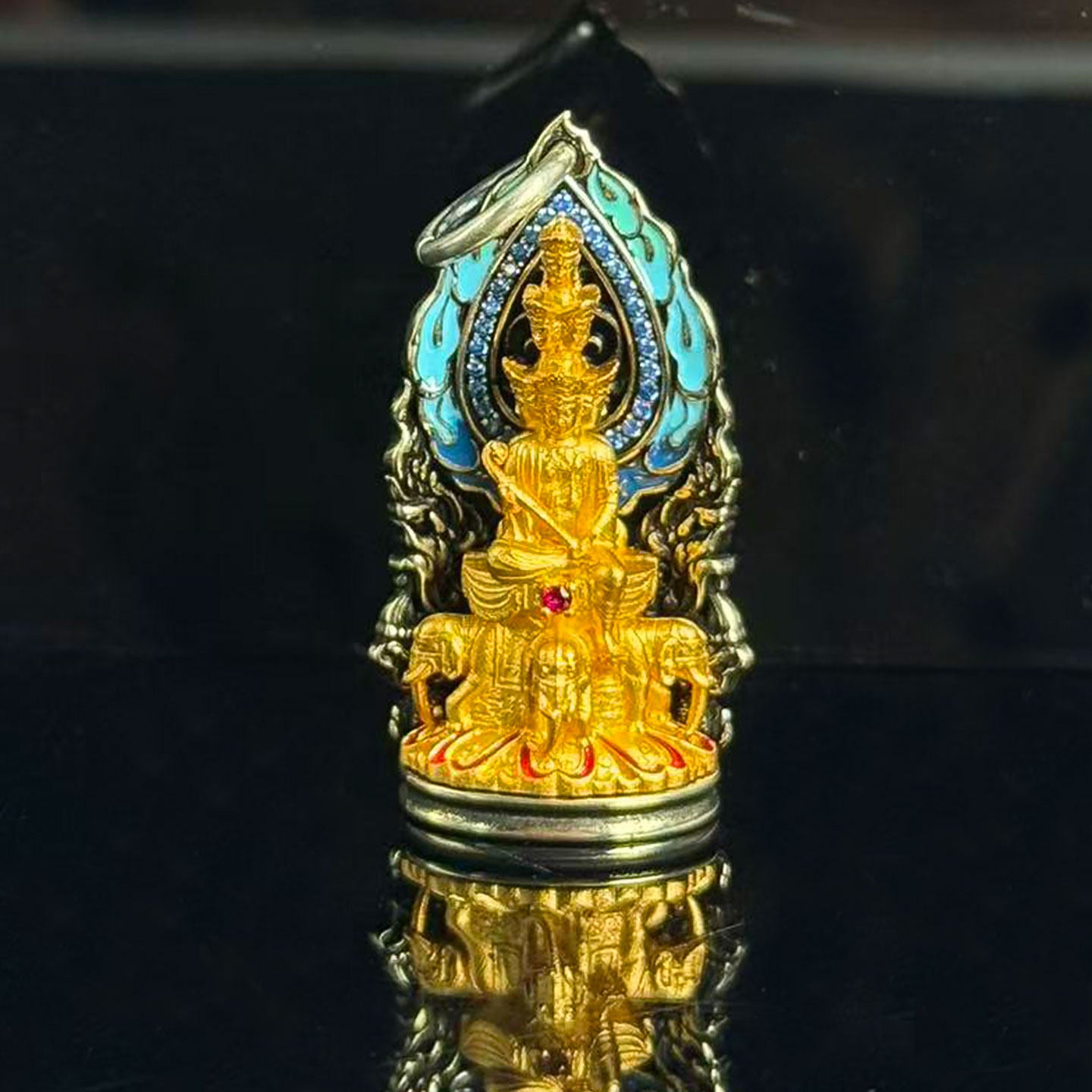 Handmade 925 sterling silver 24K gold-plated Samantabhadra pendant, the zodiac guardian for Dragon and Snake in Tibetan Buddhist sacrificial implements culture.