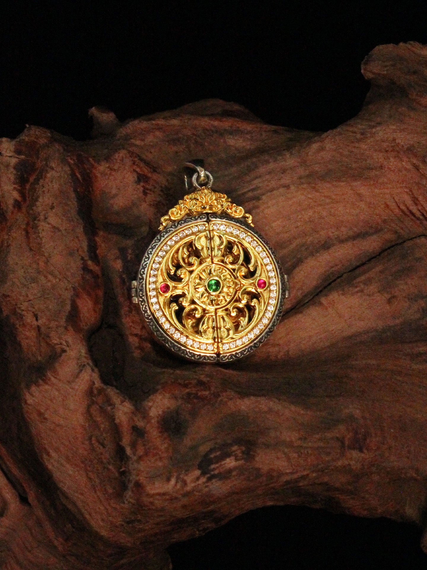 Handmade 925 silver & copper Kshitigarbha Gau box pendant with 24K gold plating, a core piece of Tibetan Buddhist sacrificial implements culture for clearing karma.