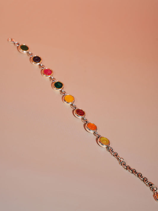 Authentic handmade 925 sterling silver K-gold plated bracelet featuring the Eight Auspicious Symbols, a core piece of Tibetan Buddhist sacrificial implements culture.
