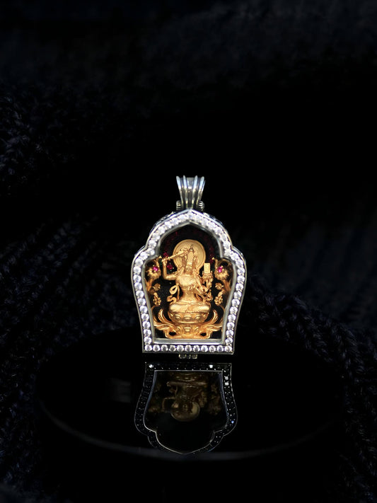 Handmade 24K gold-plated Manjusri Gau box pendant with sparkling accents, a sacred piece of Tibetan Buddhist sacrificial implements culture.