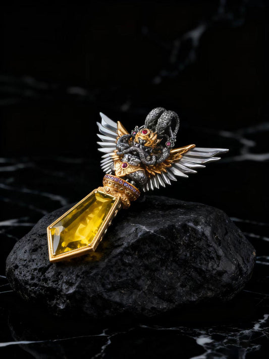 Handmade 925 sterling silver Garuda pendant with natural citrine, a core piece of Tibetan Buddhist sacrificial implements culture for wealth and protection.
