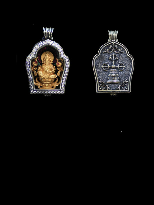 Handmade 24K gold-plated copper Yellow Jambhala Gau box with sparkling diamond accents, a core piece of Tibetan Buddhist sacrificial implements culture.