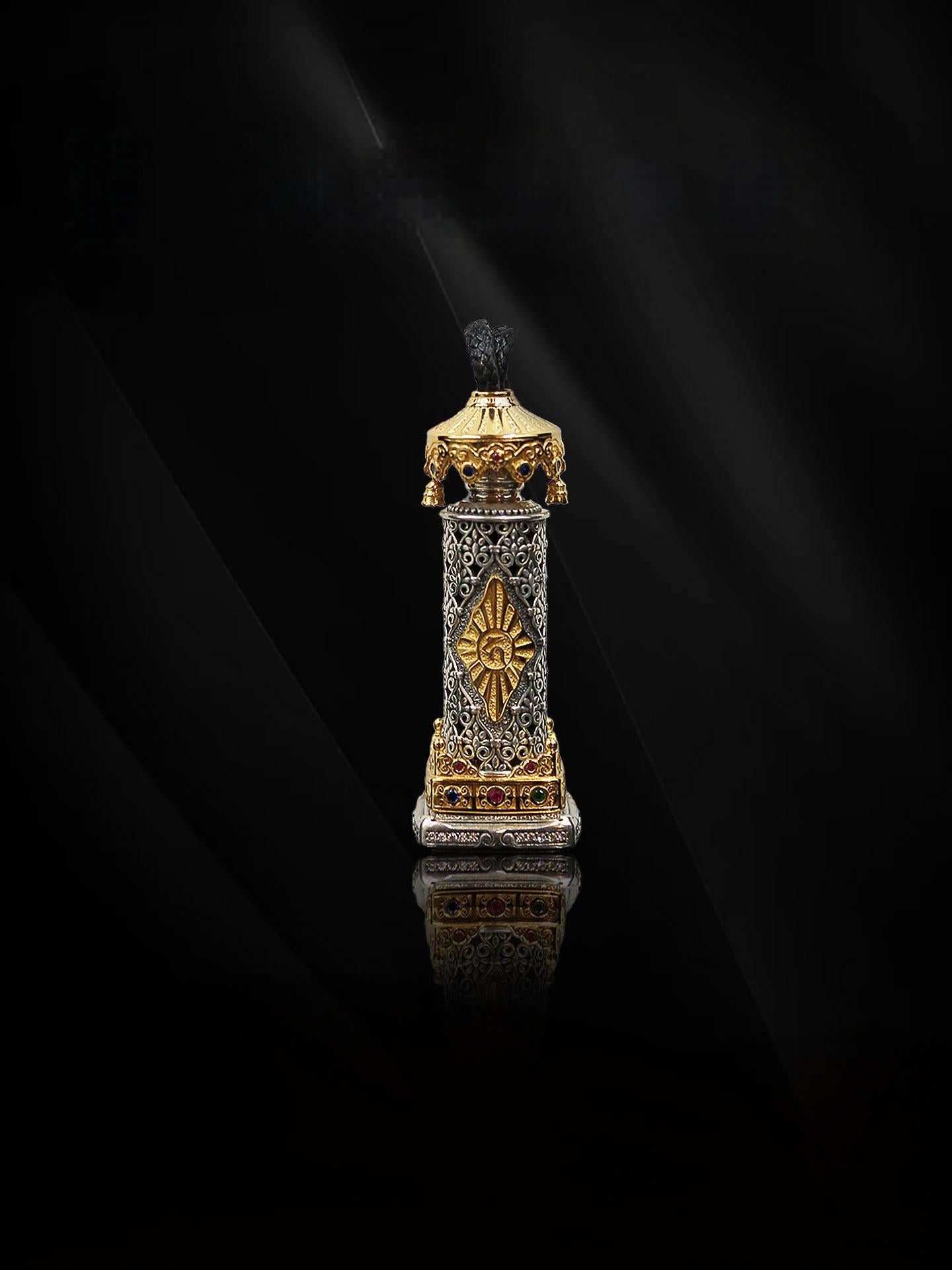 Exquisite Buddhist sacrificial items art featuring a hand-carved Jizo Bodhisattva inside a gold-gilded stupa shrine with sacred Dzi patterns.