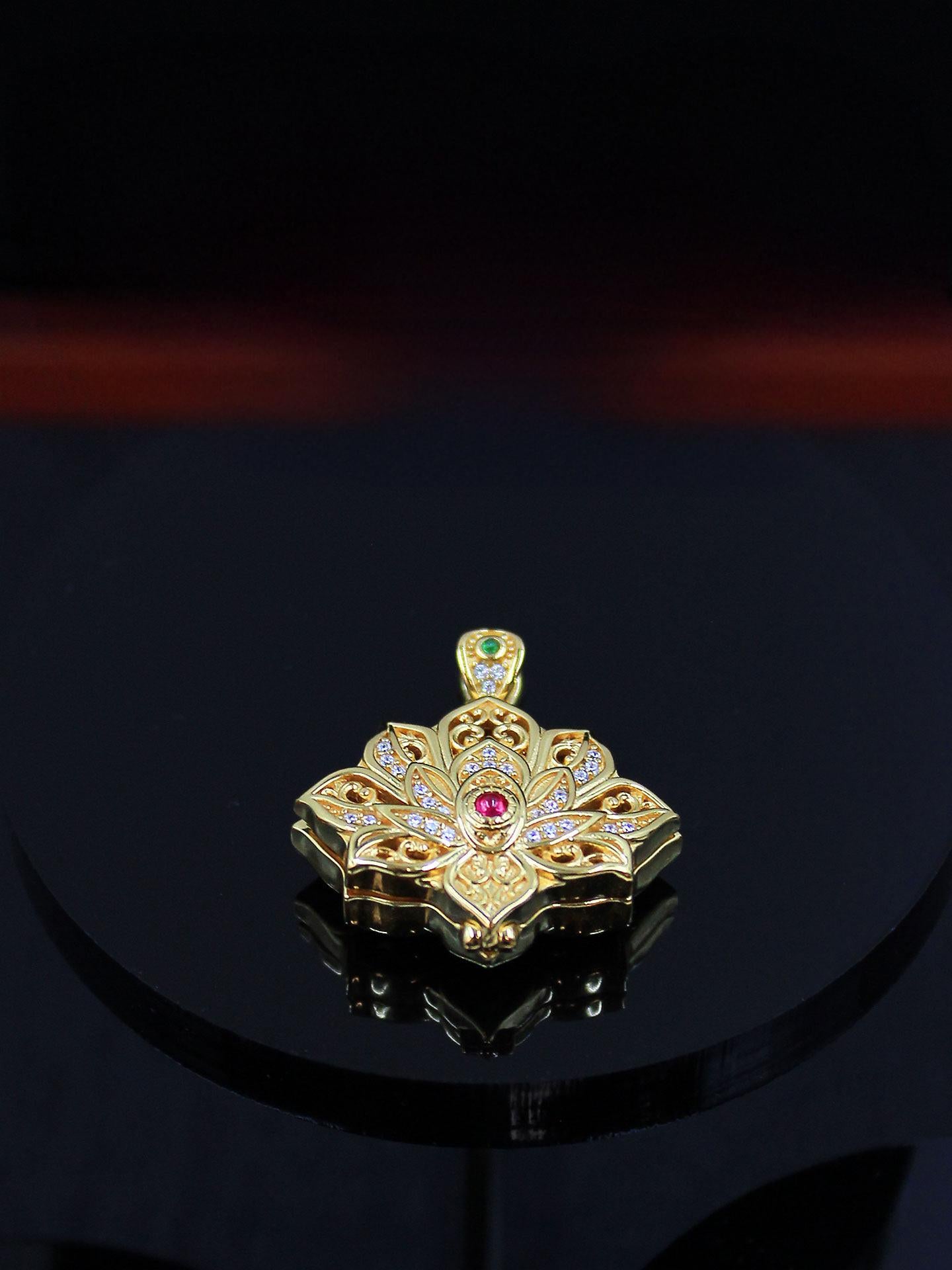 Exquisite Buddhist sacrificial items art featuring a hand-carved Jizo Bodhisattva inside a diamond-inlaid lotus shrine pendant.