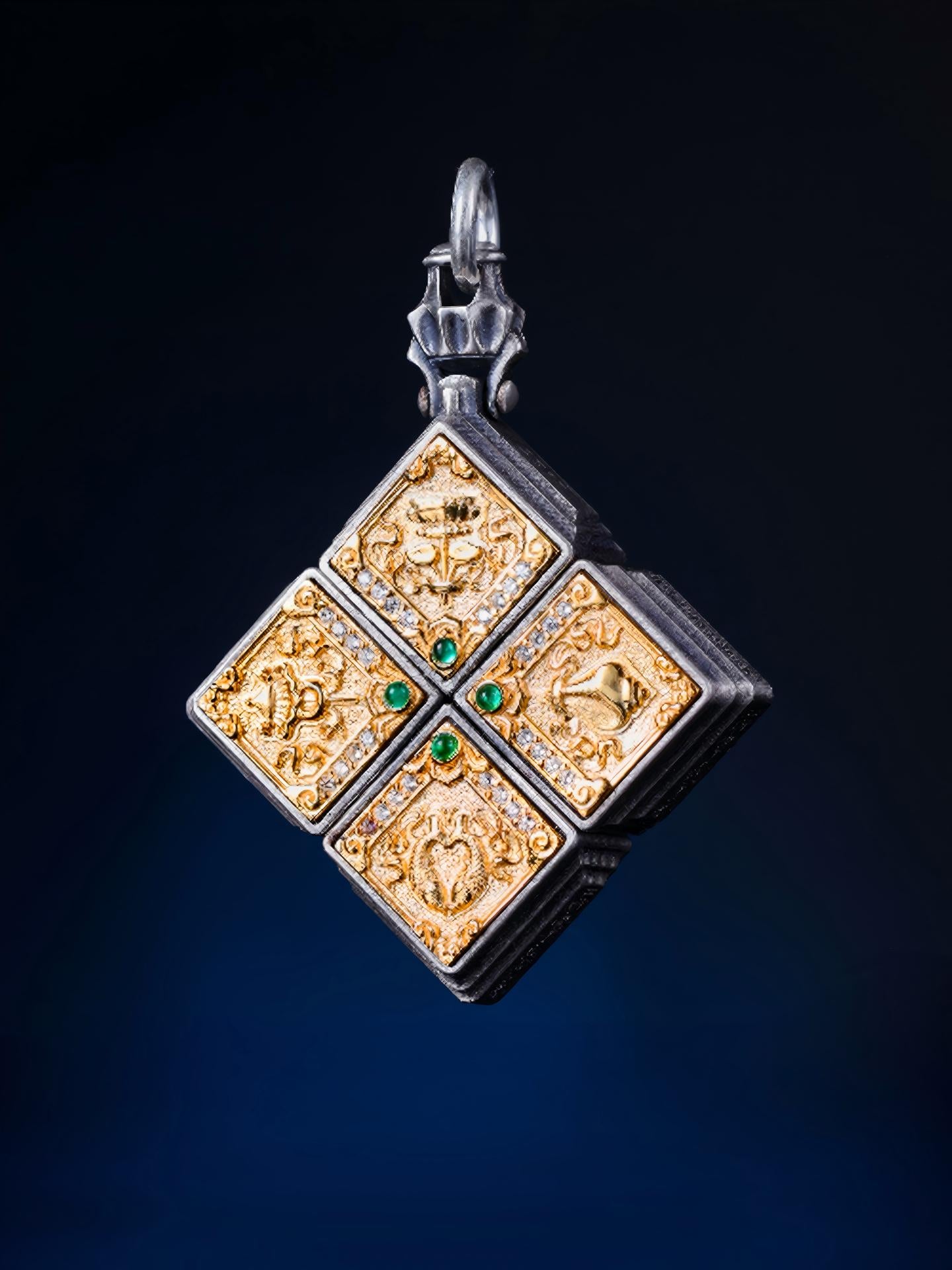 Exquisite Buddhist sacrificial items art featuring a hand-carved silver-gilded Ashtamangala (Eight Treasures) with intricate lotus details.