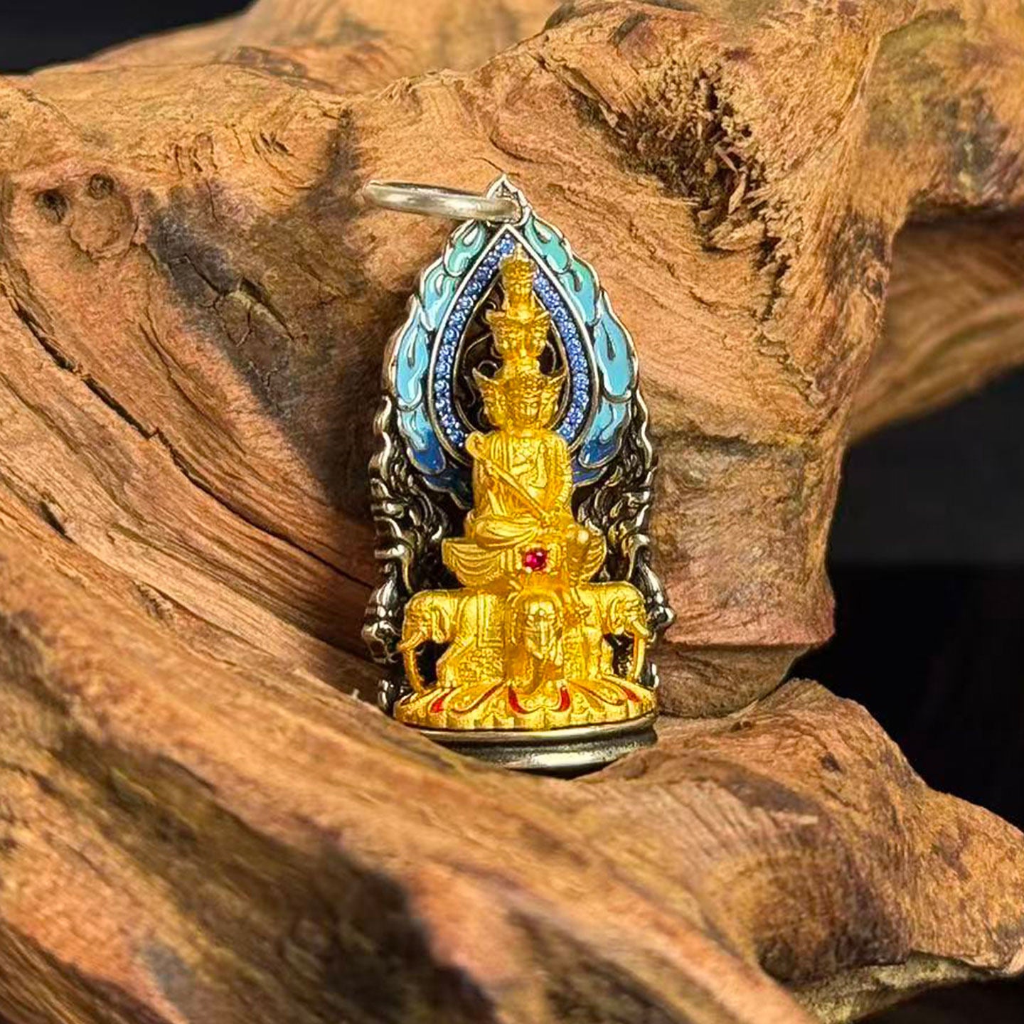 Exquisite Buddhist sacrificial items art featuring a hand-carved four-faced Samantabhadra Bodhisattva sitting on a six-tusked white elephant.