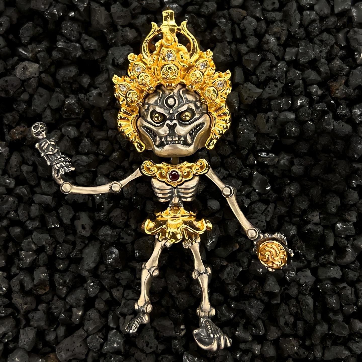 Exquisite Buddhist sacrificial items art featuring a hand-carved skeleton lord (Citipati) with symbolic skull crown and ritual implements.