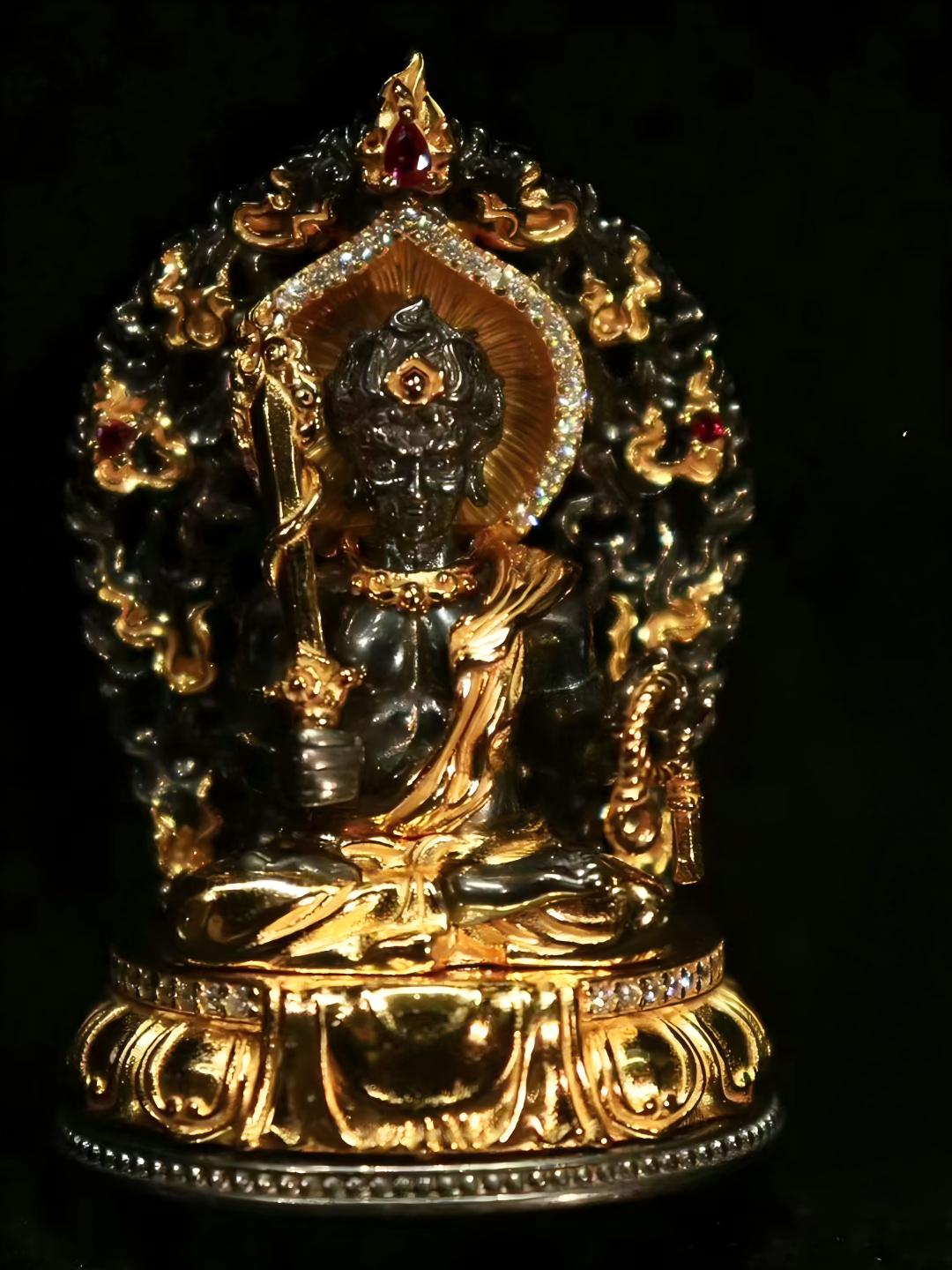 Exquisite Buddhist sacrificial items art featuring a hand-carved silver-gilded Acala Buddha statue with flaming background and wisdom sword.