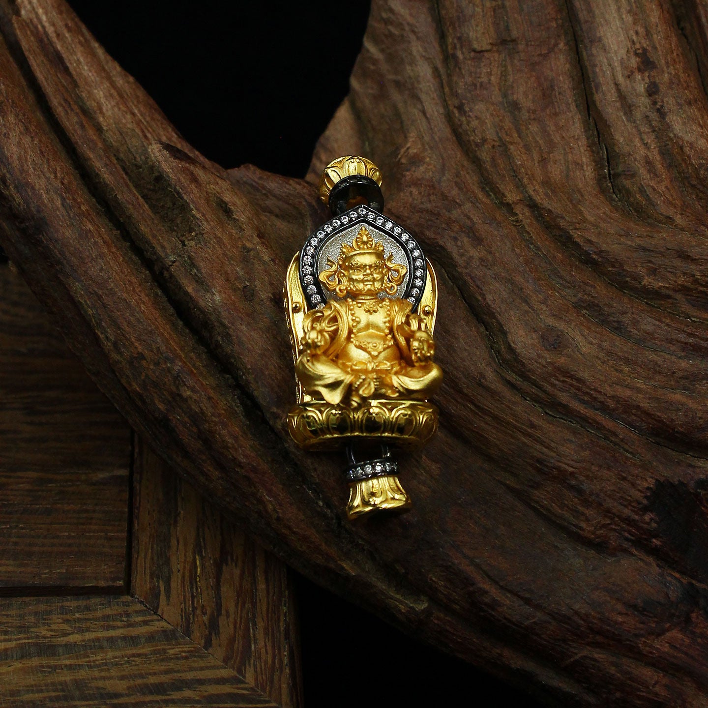 Exquisite Buddhist sacrificial items art featuring a hand-carved silver-gilded Yellow Wealth God holding a treasure-spitting mongoose.
