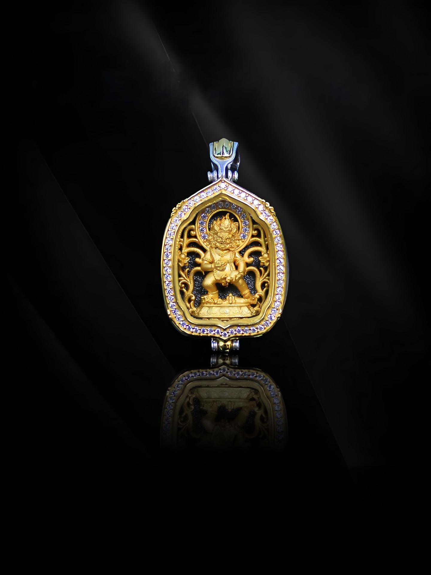 Exquisite Buddhist sacrificial items art featuring a hand-carved Black Wealth God (Jambhala) inside an openable sacred shrine.