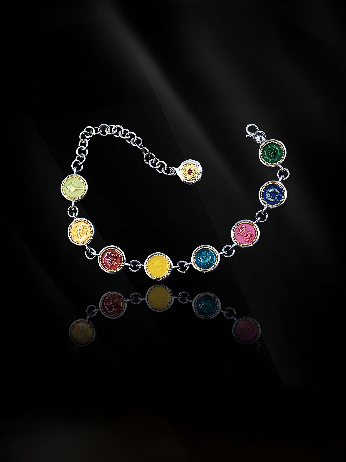 Artisan-crafted K-gold over silver Eight Treasures bracelet inspired by Tibetan Buddhist sacrificial implements culture, symbolizing eternal luck.