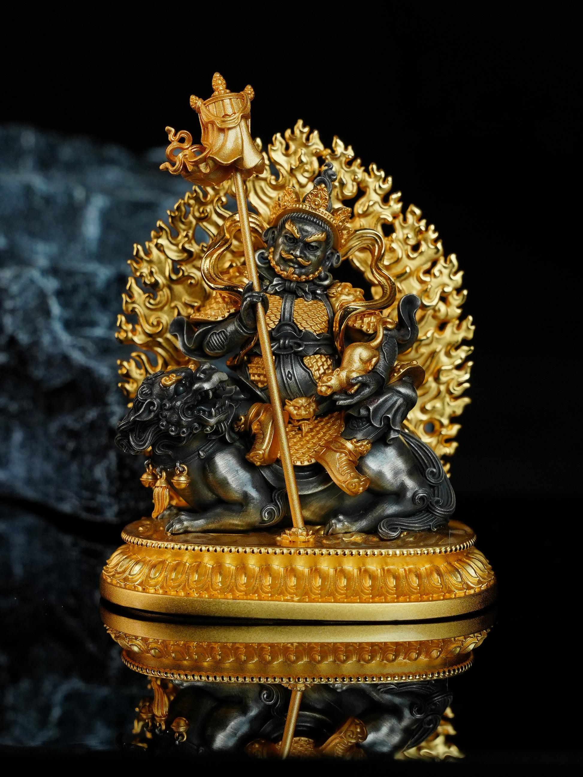 Artisan-crafted 24K gold-plated brass wealth god ornament inspired by Tibetan Buddhist sacrificial implements culture, symbolizing endless abundance.