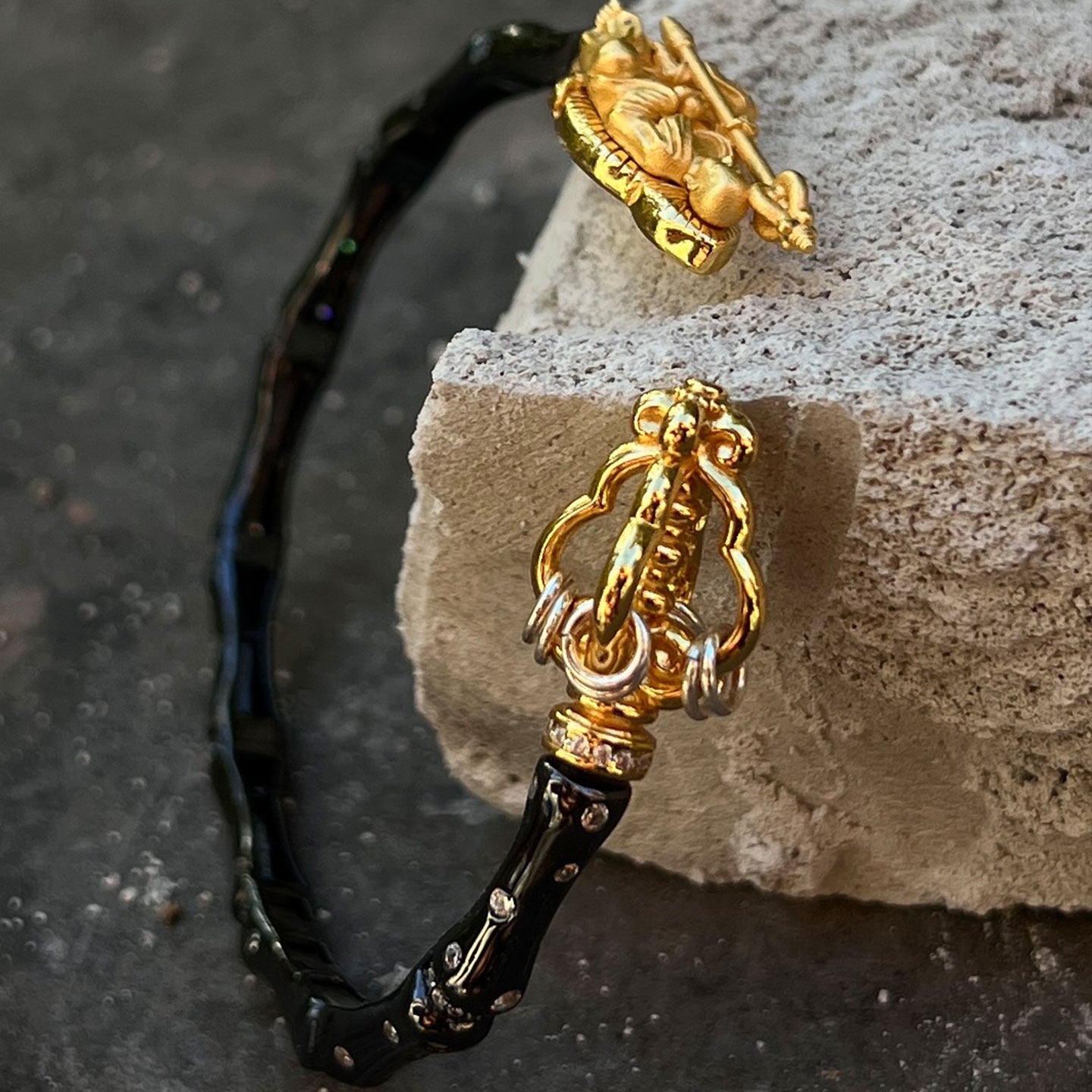 Artisan-crafted silver-gilded Earth Store Bodhisattva bracelet inspired by Tibetan Buddhist sacrificial implements culture, symbolizing great vows and peace.
