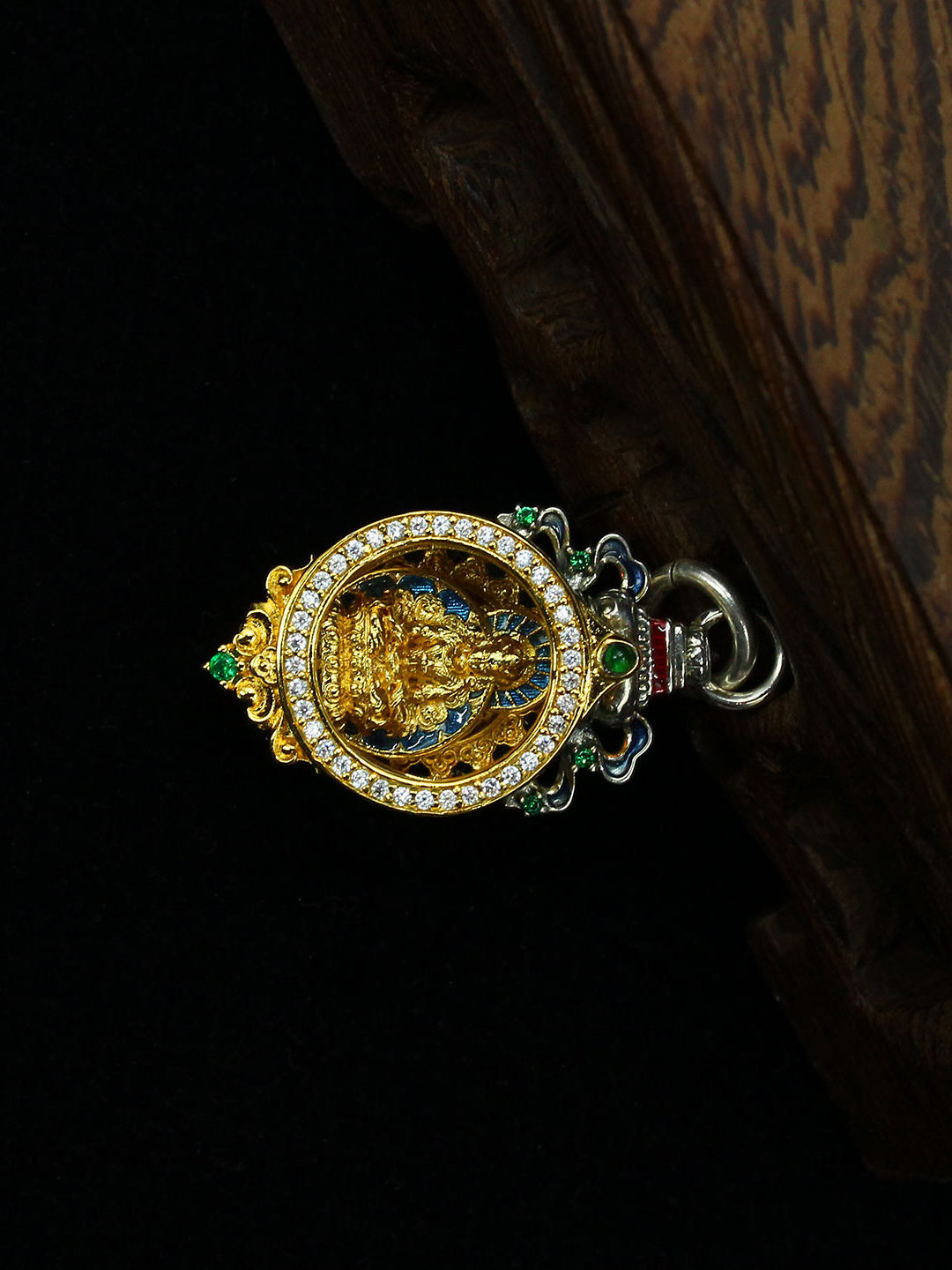 Artisan-crafted 24K gold-plated silver Amitayus talisman inspired by Tibetan Buddhist sacrificial implements culture, symbolizing the nectar of life.
