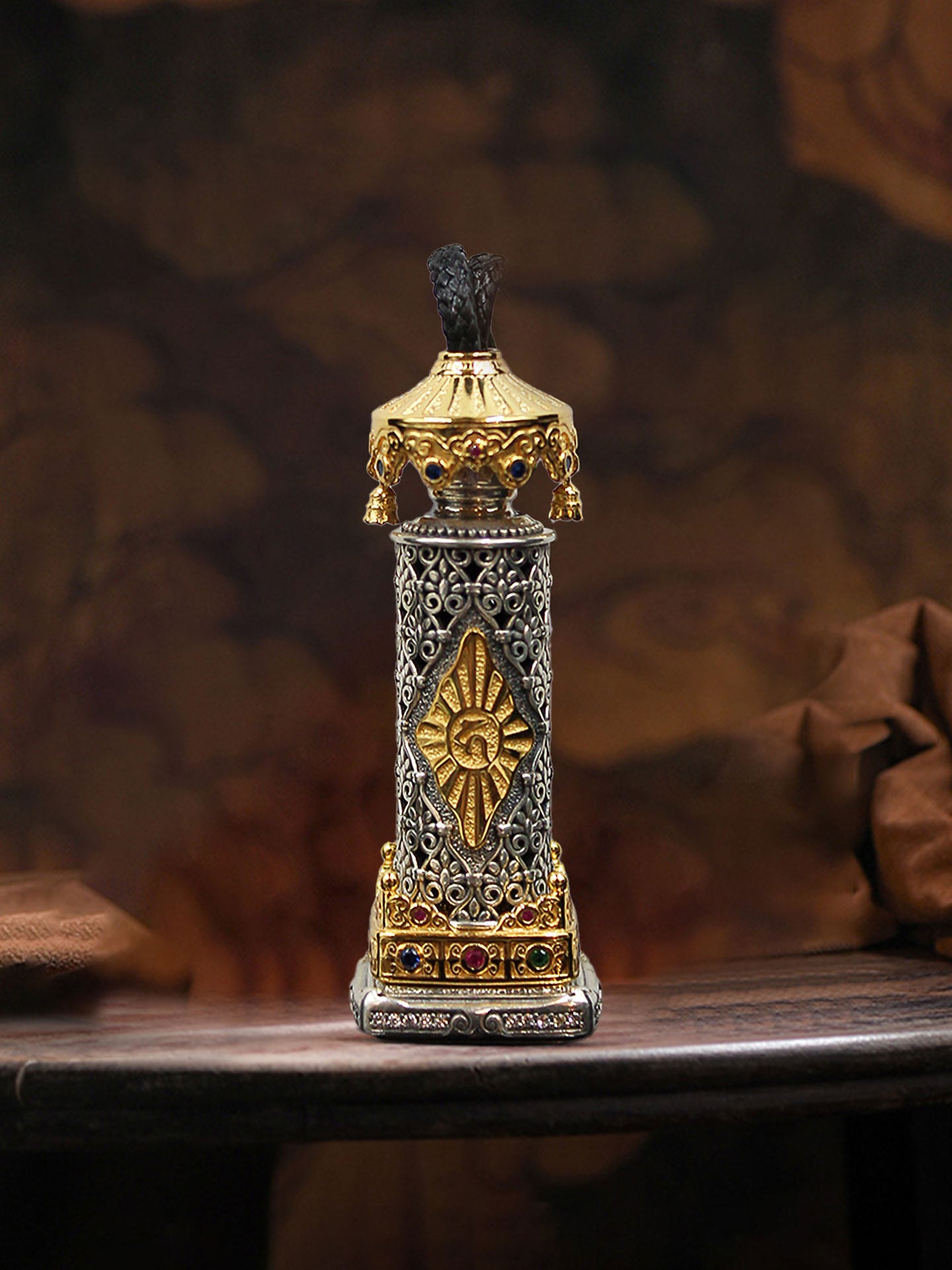 Artisan-crafted openable stupa reliquary from Tibetan Buddhist sacrificial implements culture, designed to hold sacred mantras and Dzi beads.
