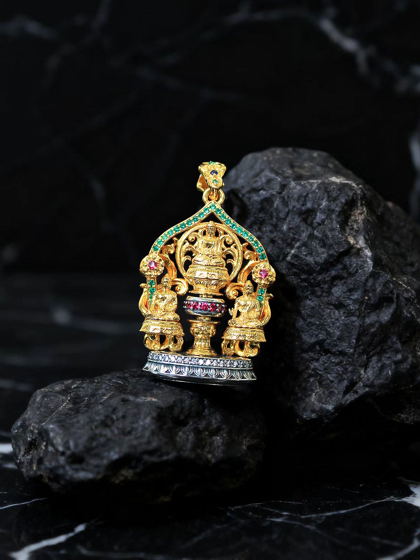 Exquisite Buddhist sacrificial items art featuring hand-carved miniature statues of the Trikaya Buddhas with refined golden finish.