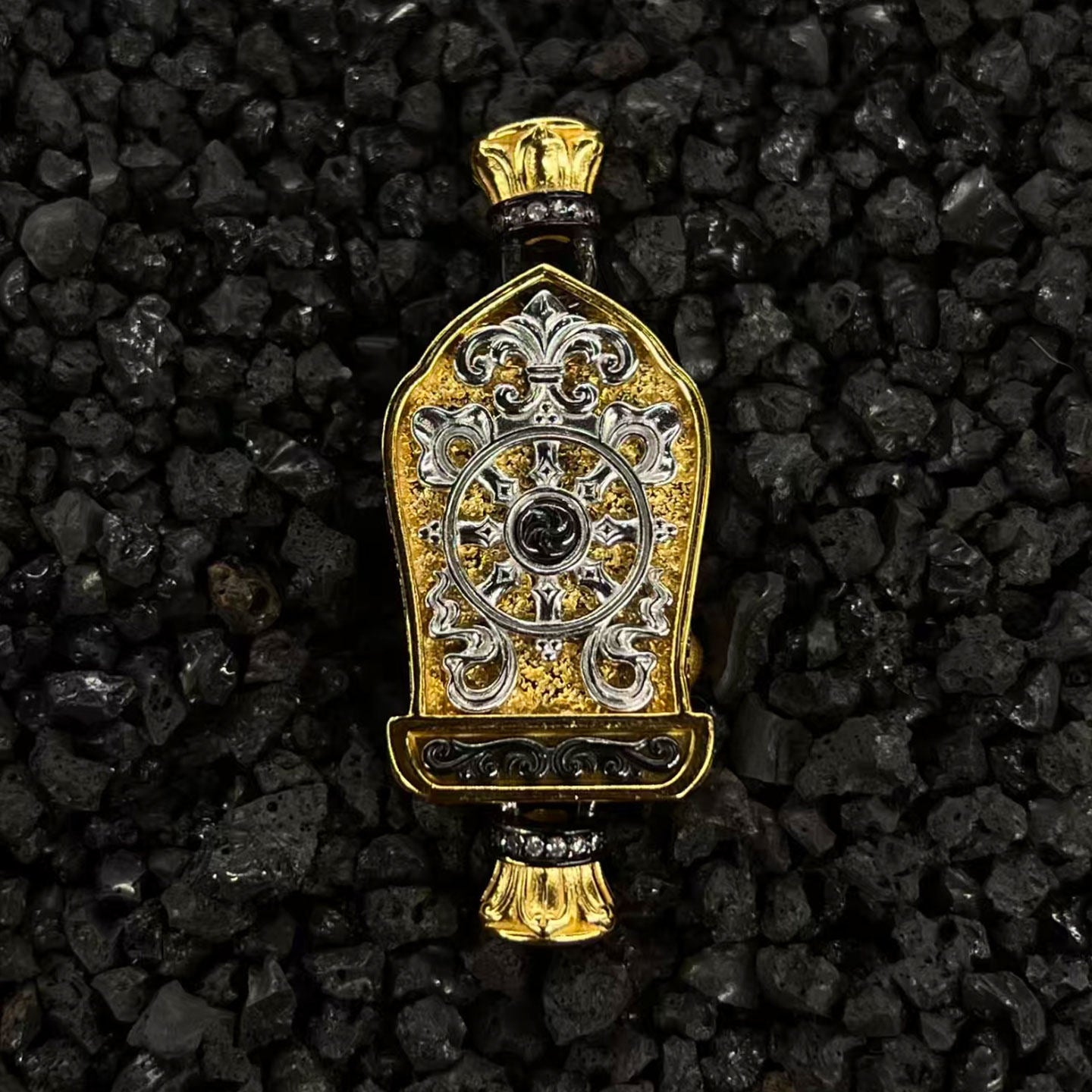 Artisan-crafted 24K gold-over-silver Jambhala accessory inspired by Tibetan Buddhist sacrificial implements culture, symbolizing abundance.