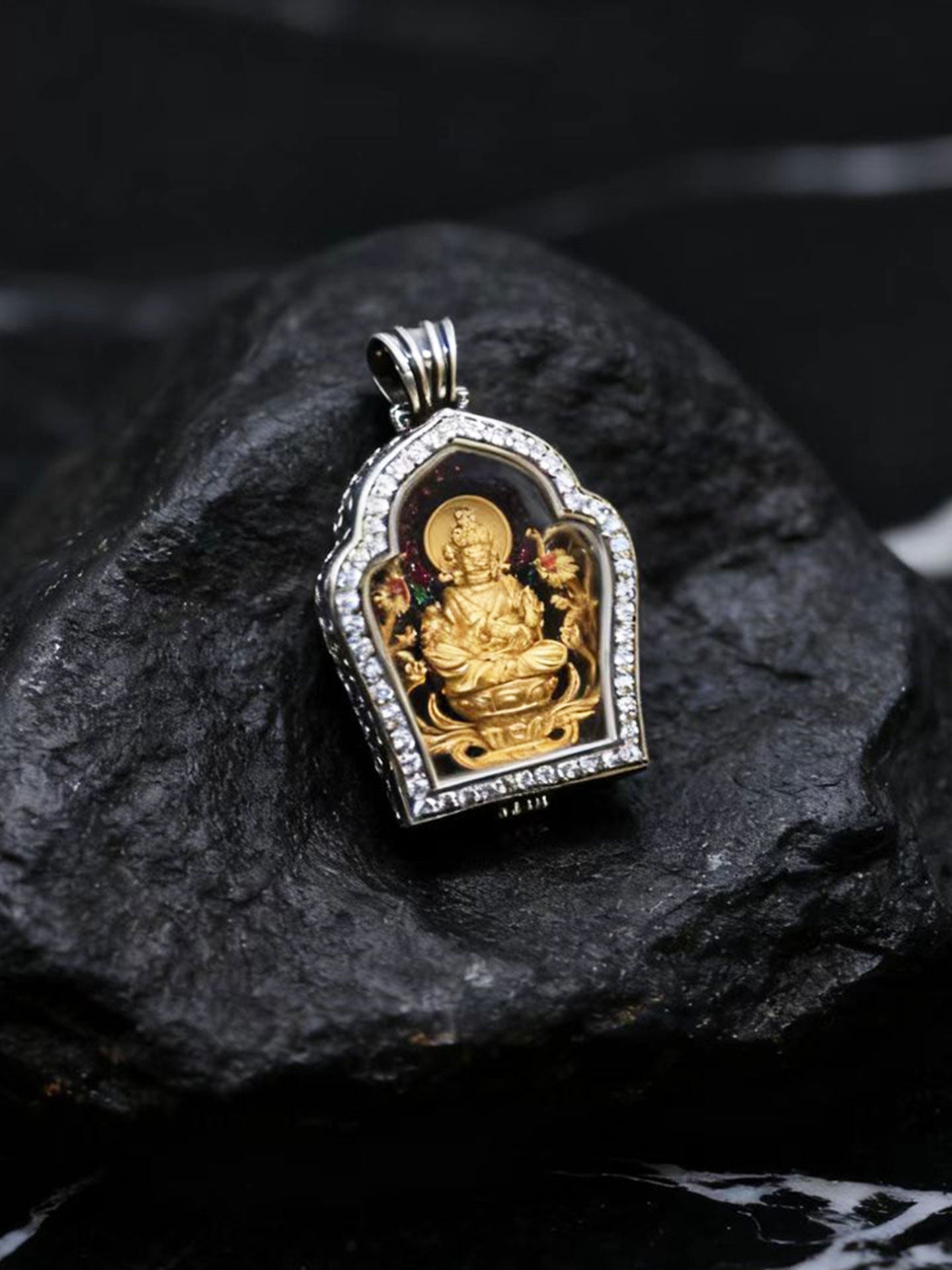 Exquisite Buddhist sacrificial items art featuring a hand-carved Yellow Wealth God inside an openable diamond-inlaid shrine pendant.