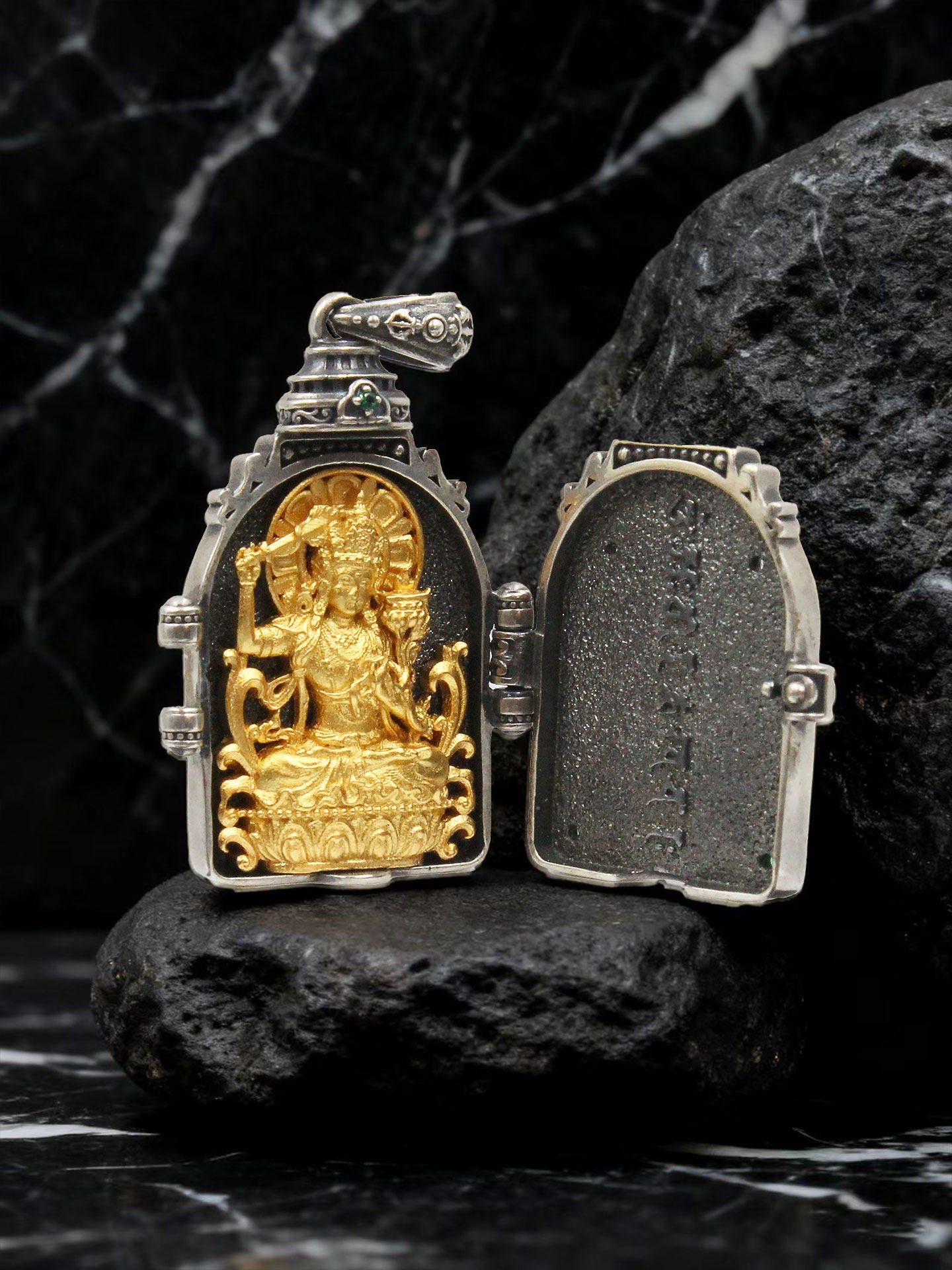Artisan-crafted 24K gold-plated silver Manjusri talisman inspired by Tibetan Buddhist sacrificial implements culture, symbolizing academic brilliance.