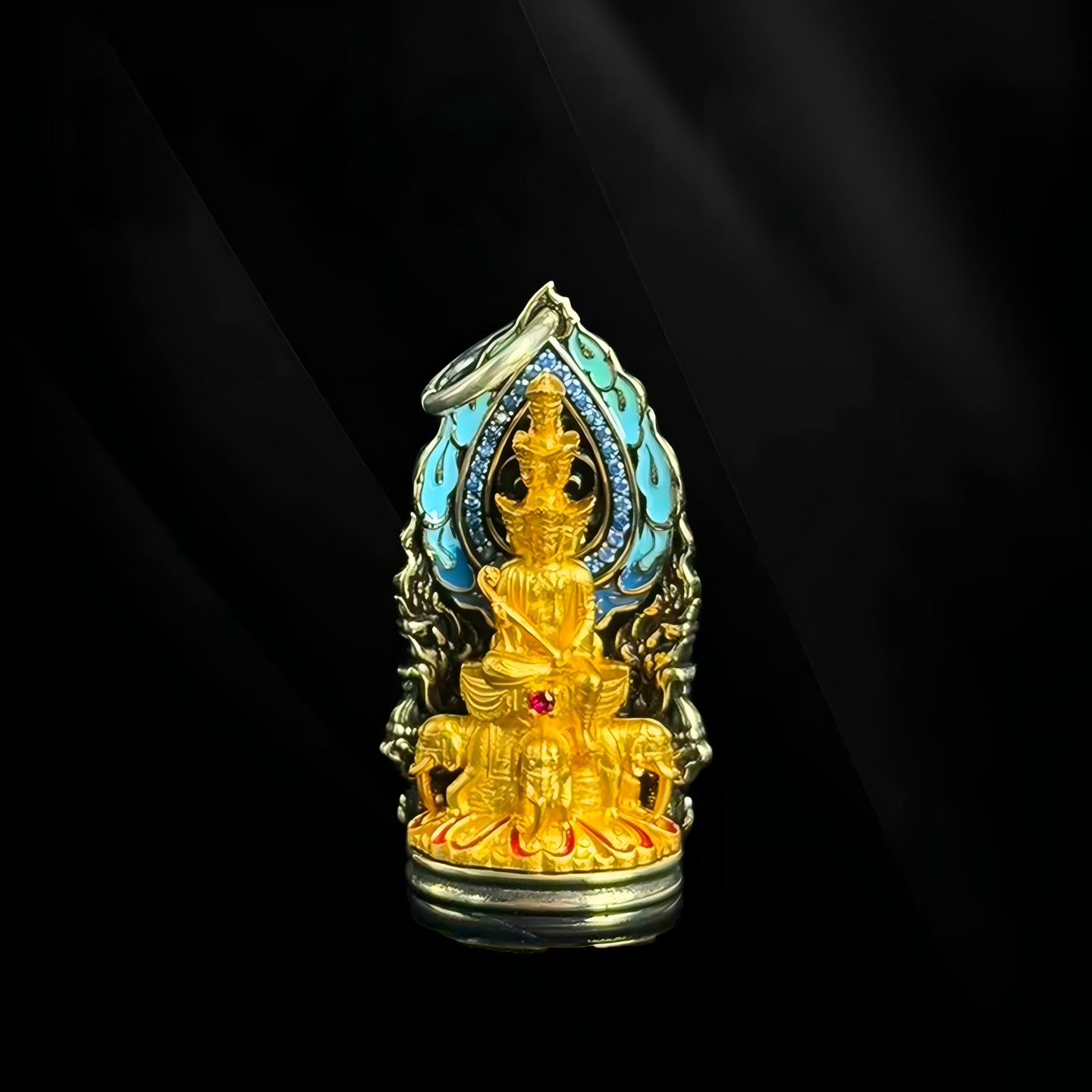 Artisan-crafted 24K gold-plated silver Samantabhadra talisman inspired by Tibetan Buddhist sacrificial implements culture, symbolizing great action and merit.
