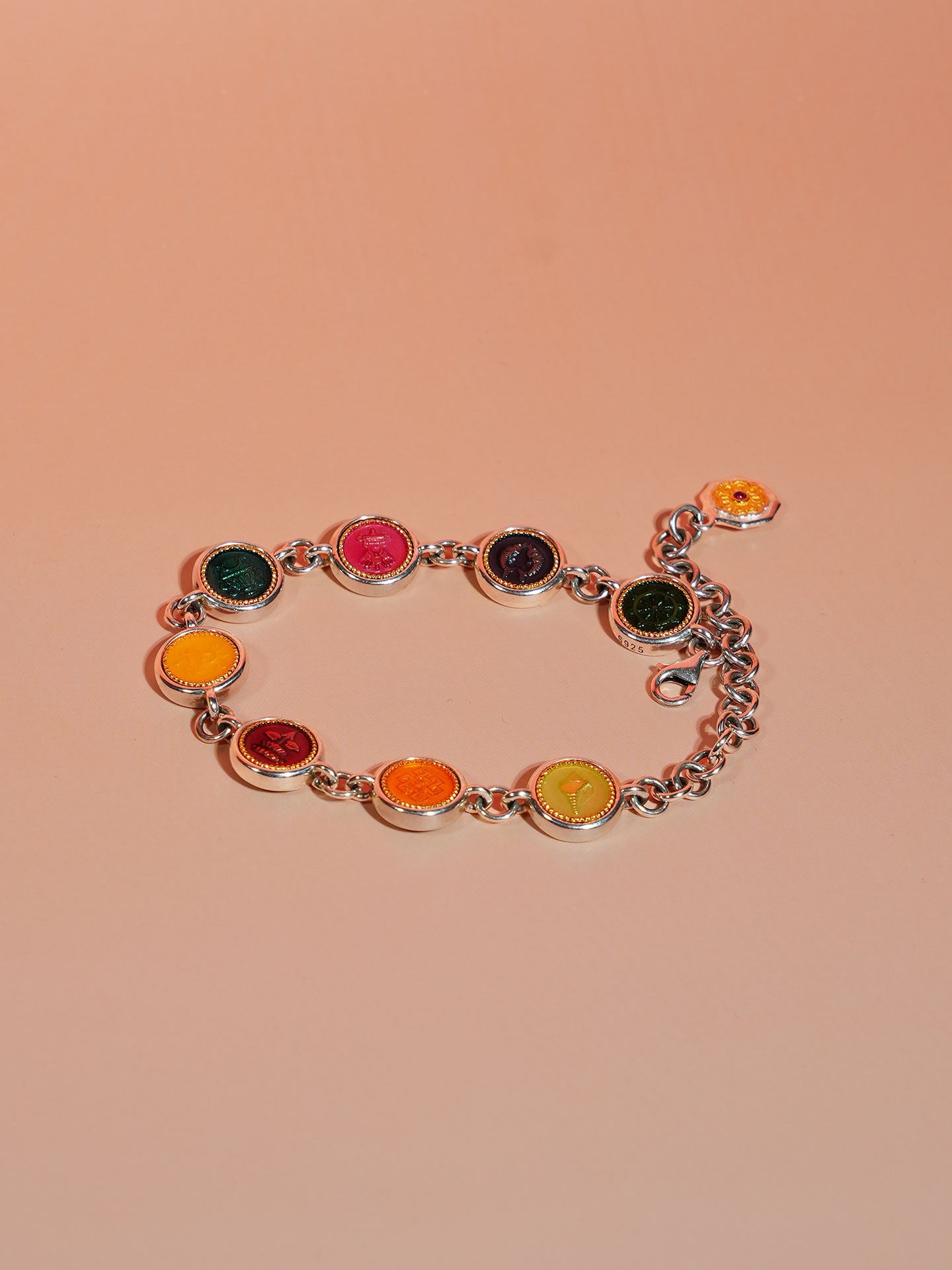 A practitioner wearing the sacred Eight Auspicious Symbols bracelet for daily protection and harmony, representing Buddhist sacrificial items art.