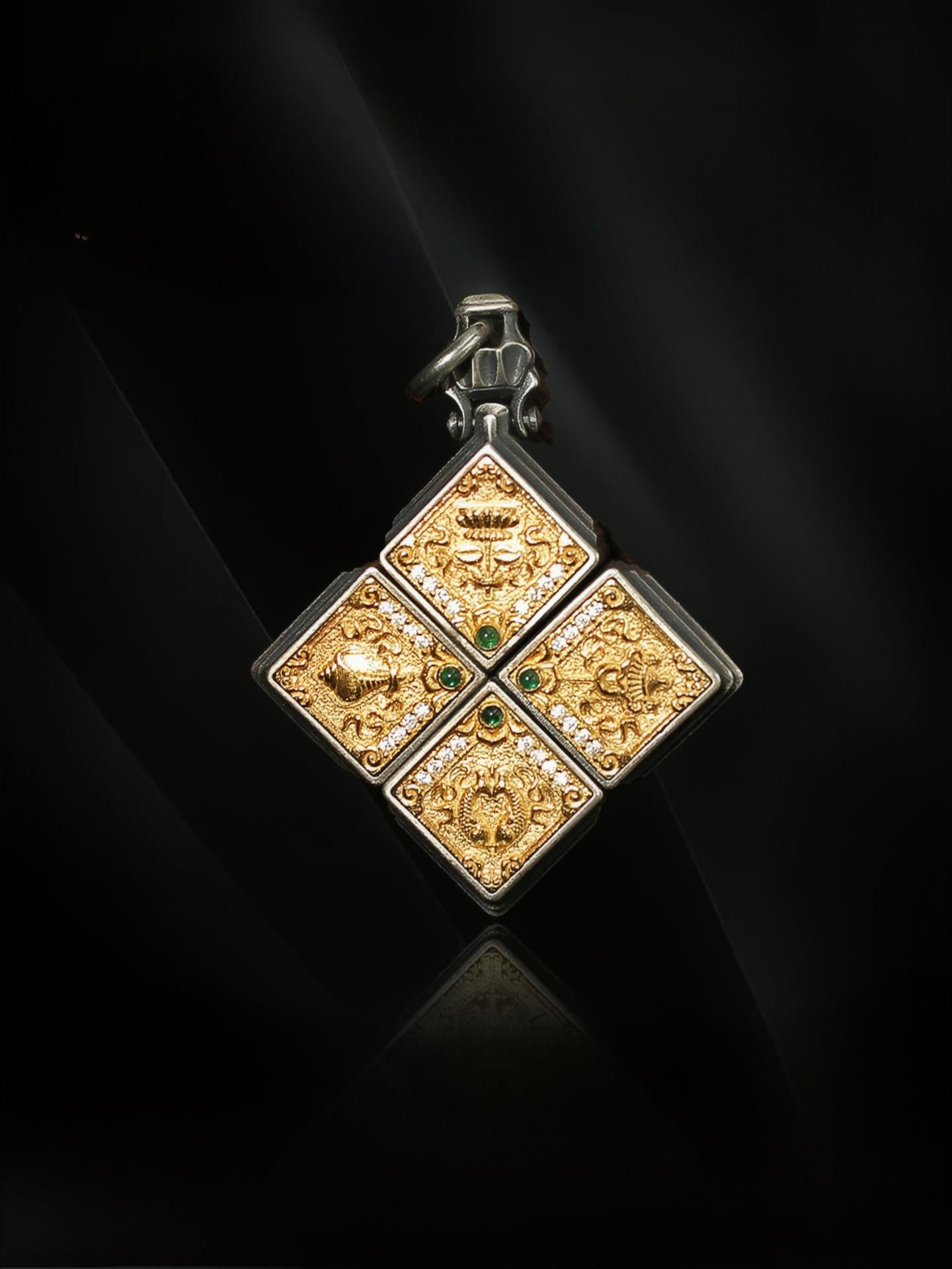 A wearer displaying the sacred Eight Auspicious Symbols necklace for daily protection and blessing, representing Buddhist sacrificial items art.