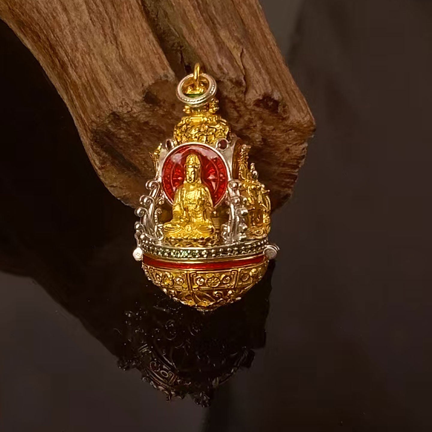 Artisan-crafted 24K gold-plated silver Manjusri and Samantabhadra talismans inspired by Tibetan Buddhist sacrificial implements culture.