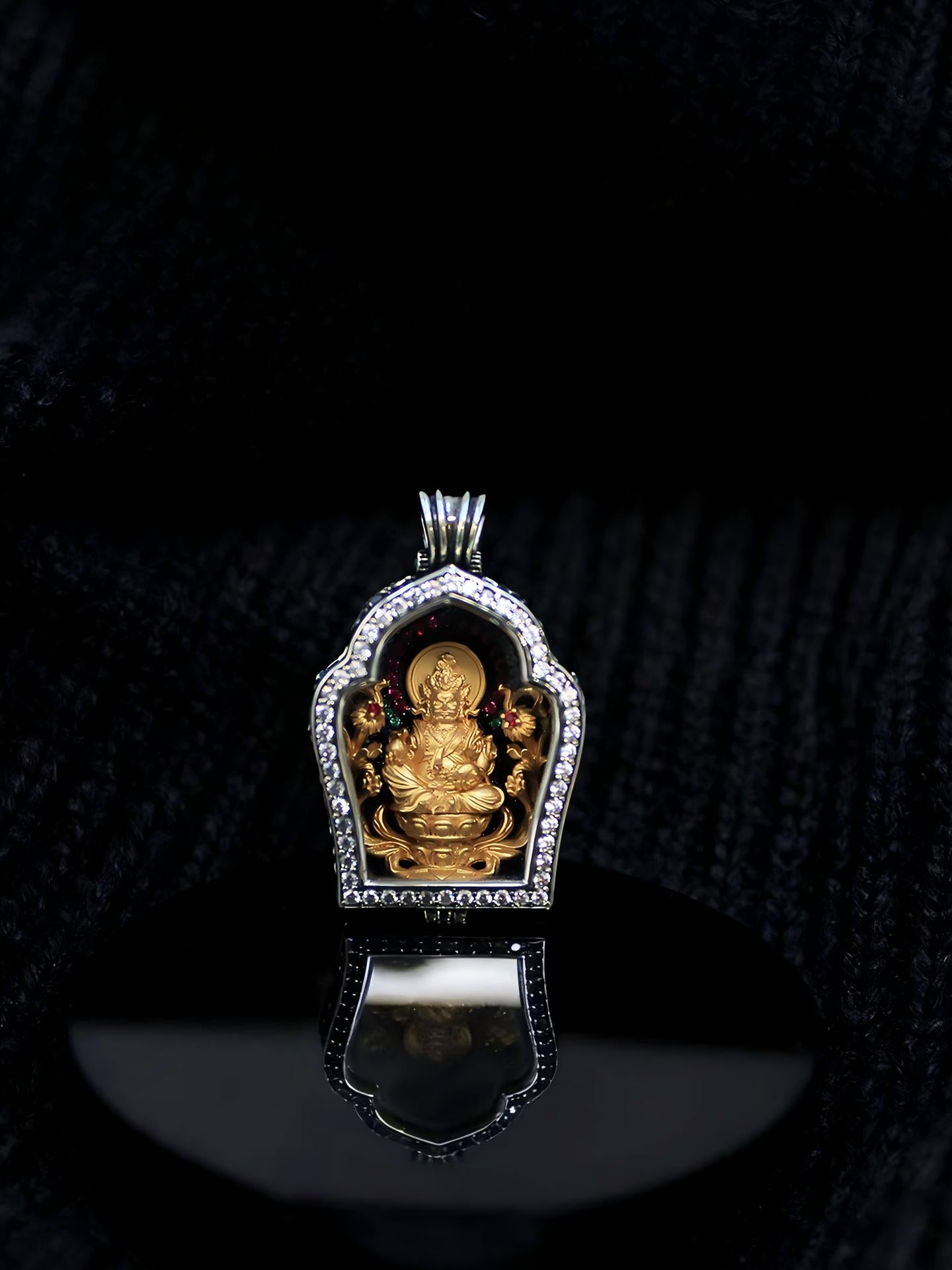 Artisan-crafted openable Yellow Jambhala reliquary from Tibetan Buddhist sacrificial implements culture, designed to hold sacred mantras.