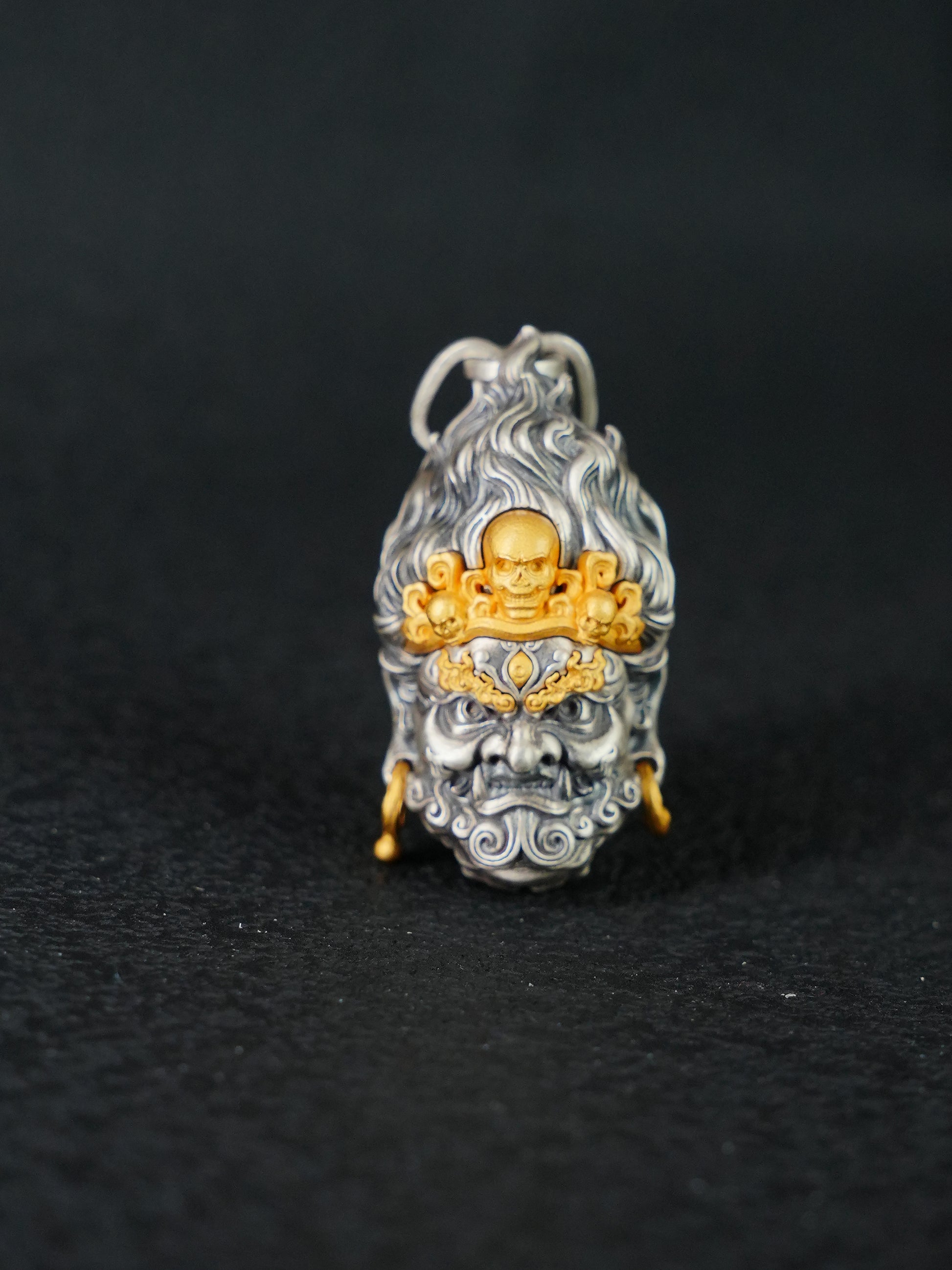 A practitioner wearing the sacred Mahakala protector talisman for dispelling negative energy, representing the essence of Buddhist sacrificial items art.