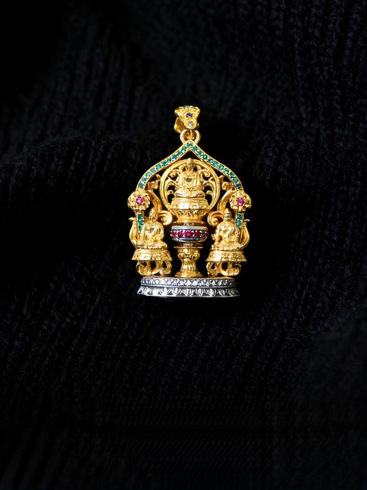 A practitioner wearing the sacred Triple Buddha necklace for health and peace, representing the essence of Buddhist sacrificial items art.
