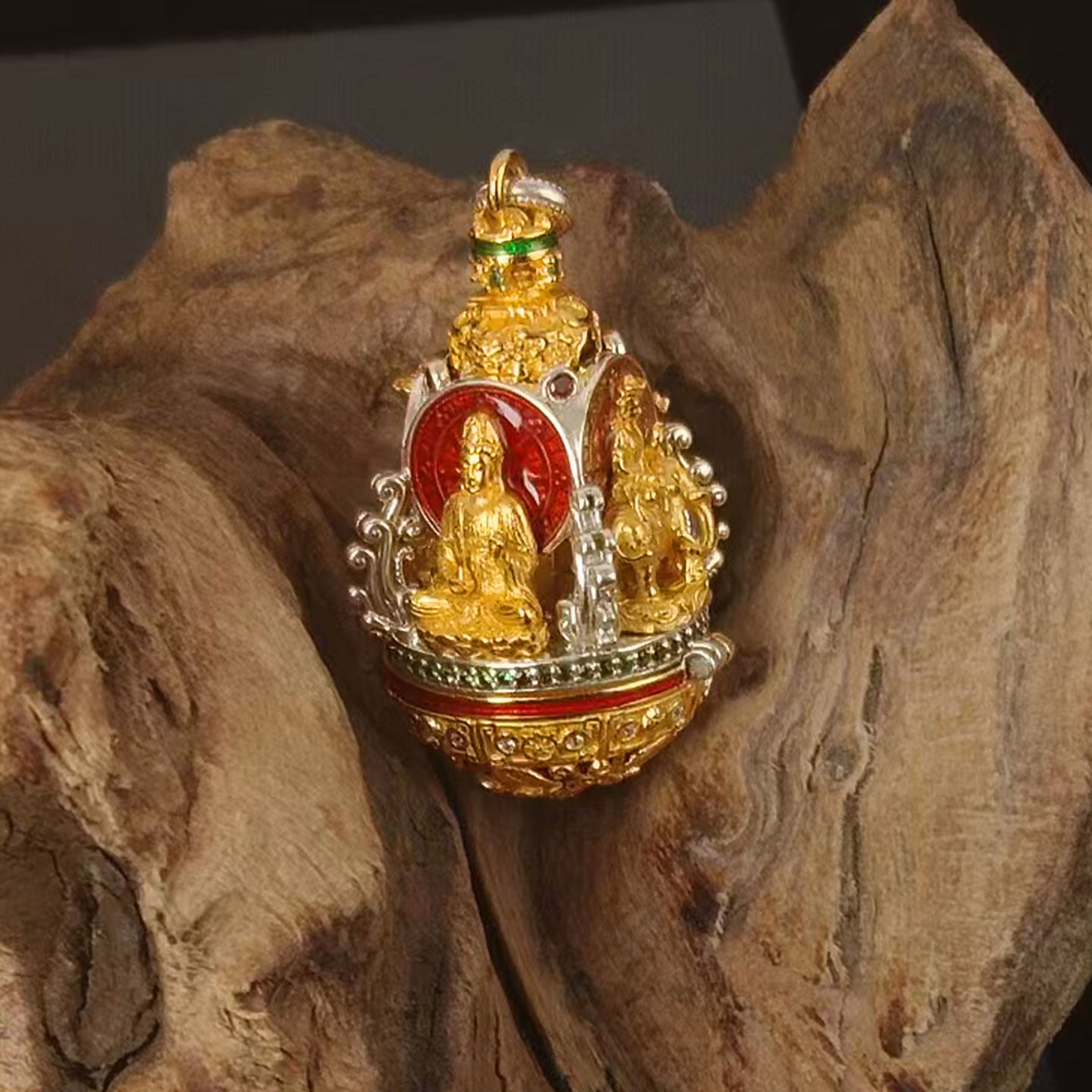 A wearer displaying the sacred Kshitigarbha gold pendant for karmic protection, representing the essence of Buddhist sacrificial items art.