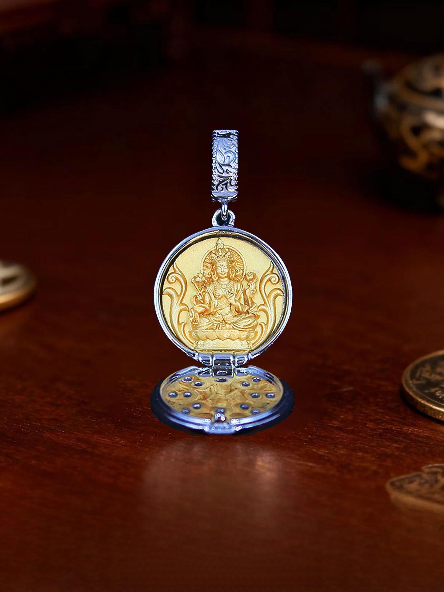 An openable Gau box designed to hold sacred mantras and relics of Green Tara, representing the essence of Buddhist sacrificial items art.