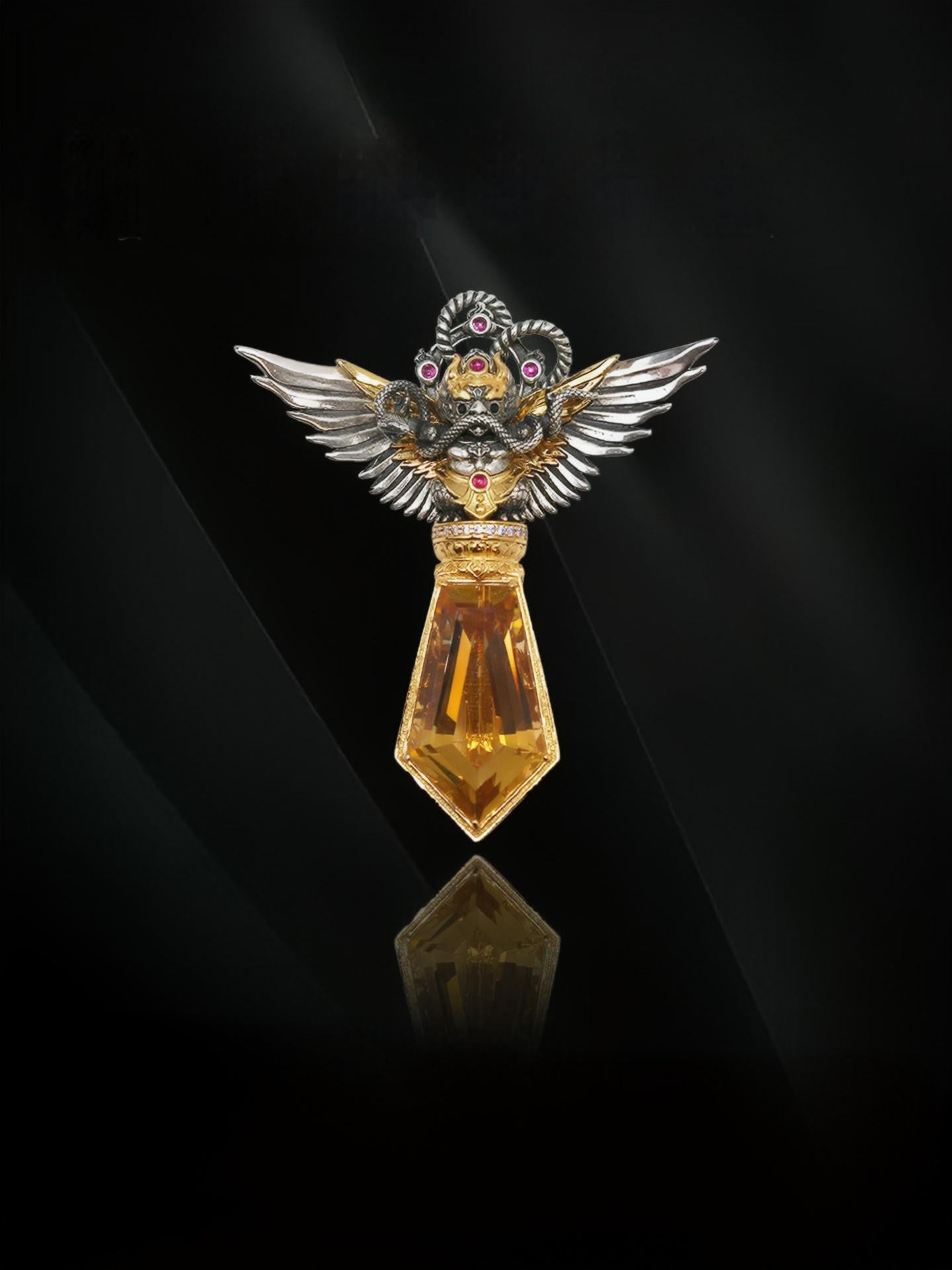 Artisan-crafted silver citrine protector charm inspired by Tibetan Buddhist sacrificial implements culture, symbolizing wisdom and solar energy.