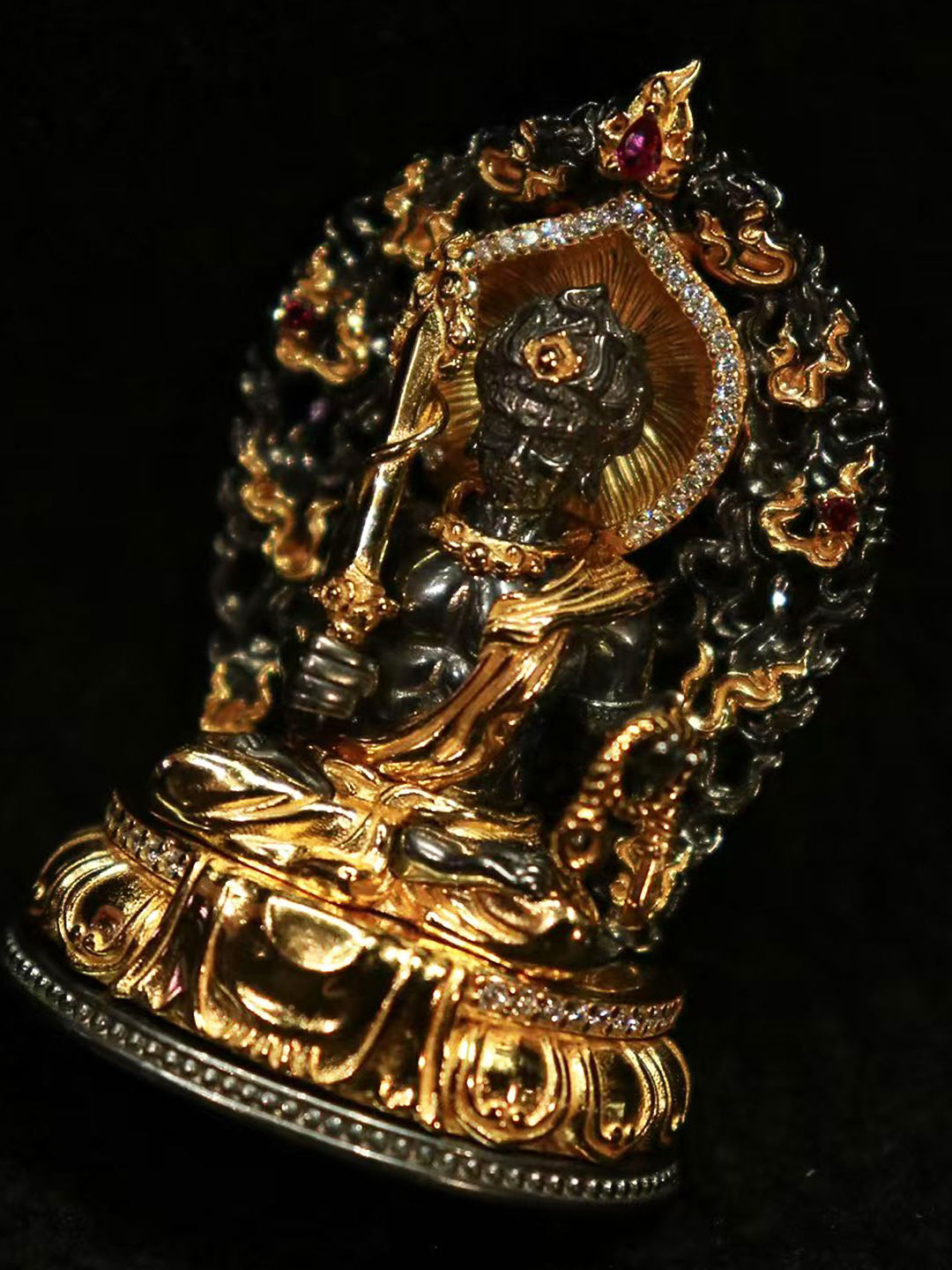 Traditional handmade gold-plated silver Acala shrine ornament, a powerful protector rooted in Tibetan Buddhist sacrificial implements culture.