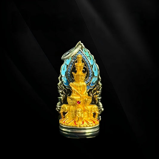 Traditional handmade gold-plated silver zodiac protection jewelry with the Samantabhadra figure, rooted in Tibetan Buddhist sacrificial implements culture.
