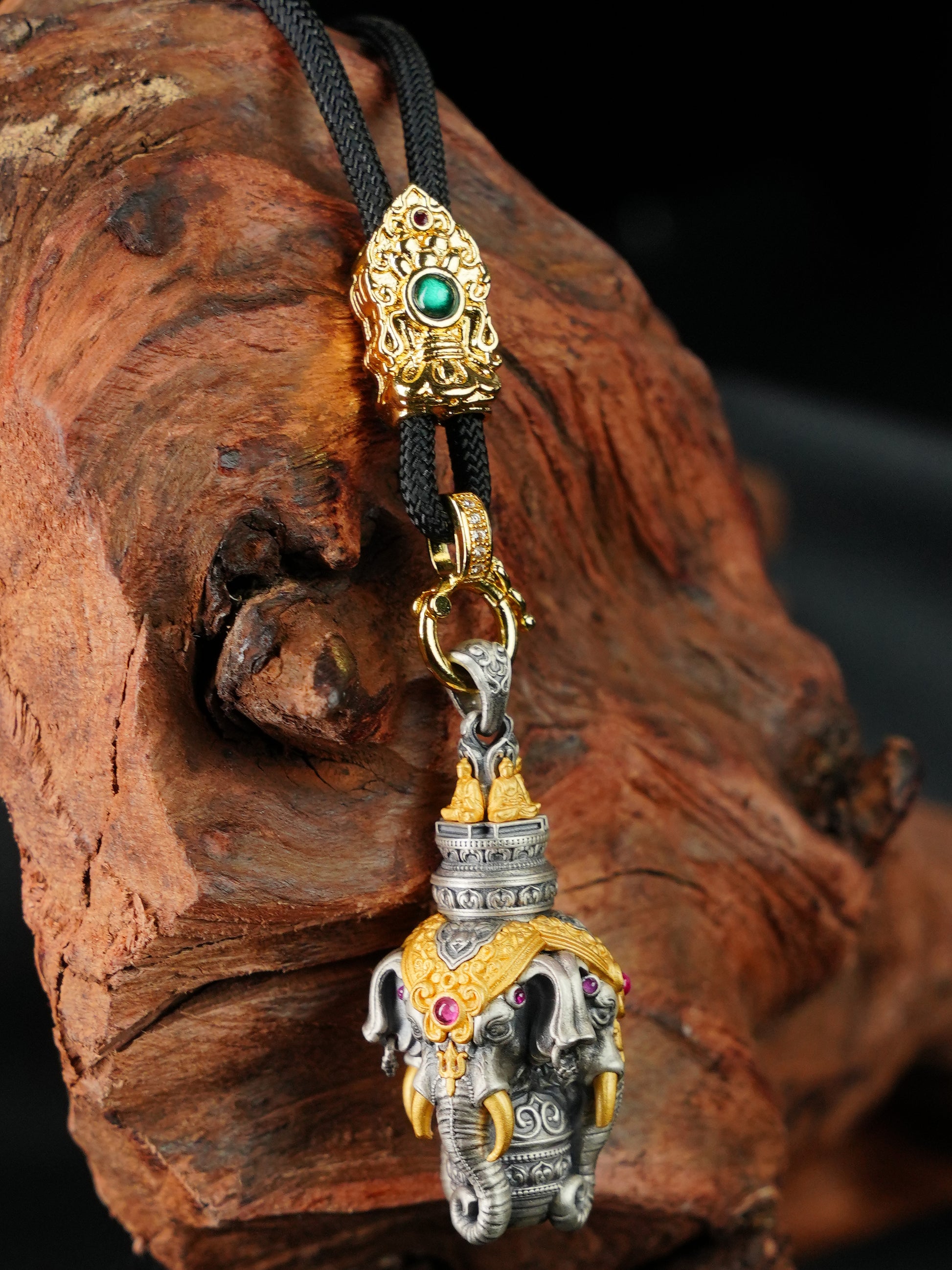 Traditional handmade gold-plated Ganesha jewelry with vintage texture, rooted in the deep heritage of Tibetan Buddhist sacrificial implements culture.