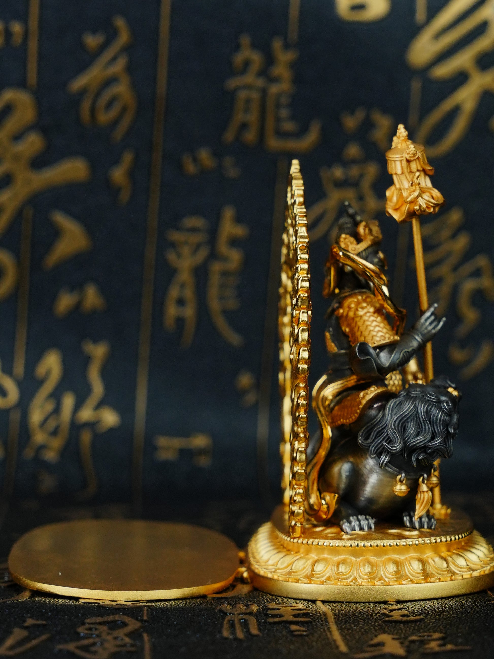 Traditional handmade gold-plated prosperity statue with intricate lotus base, rooted in the deep heritage of Tibetan Buddhist sacrificial implements culture.
