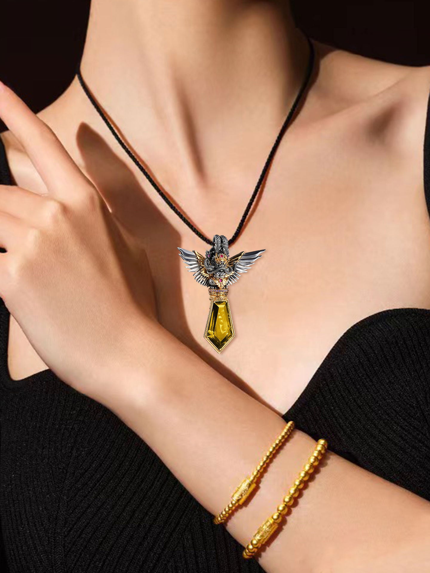 A professional wearing the sacred gold-wing bird talisman for career success, representing the essence of Buddhist sacrificial items art.
