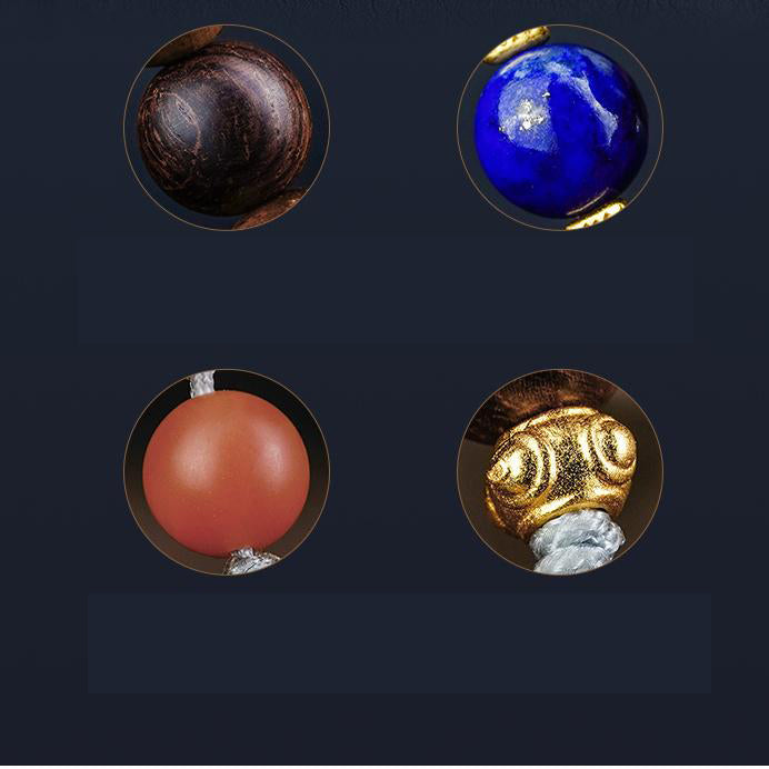 Exquisite Buddhist jewelry blending red sandalwood, silver, and sacred gemstones.