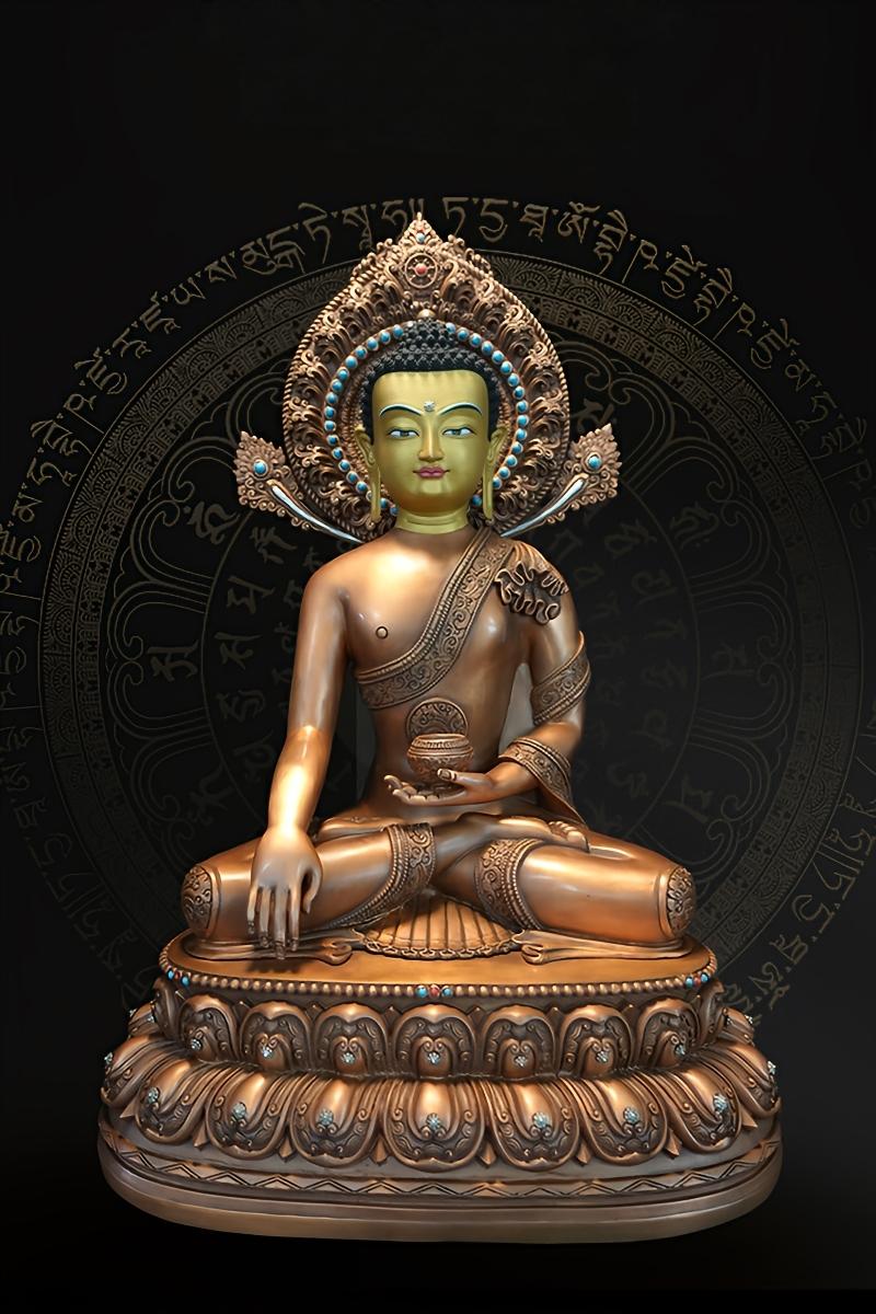 Buddha statue art depicting Sakyamuni Buddha, embodying ultimate compassion. This hand-painted brass statue from the Tibetan Buddhist tradition is a source of inspiration and peace.