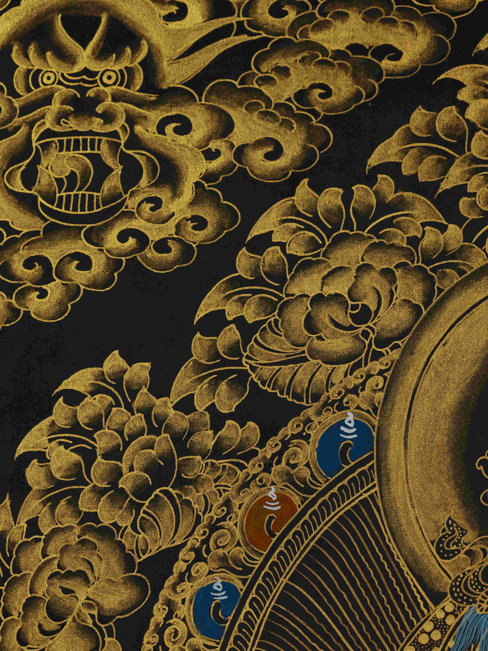 Tibetan Buddhist Samantabhadra Bodhisattva Thangka Painting in Black and Gold – sacred thangka art symbolizing enlightenment and virtue.