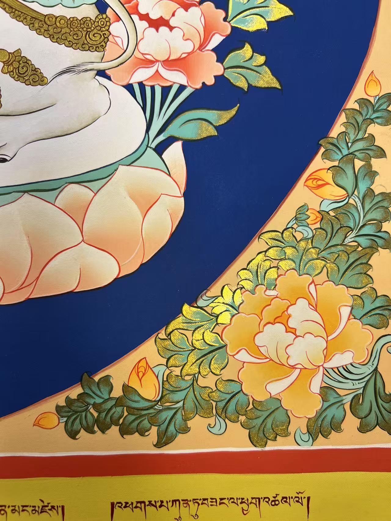 Samantabhadra Tibetan thangka painting with mineral pigments, sacred Buddhist thangka