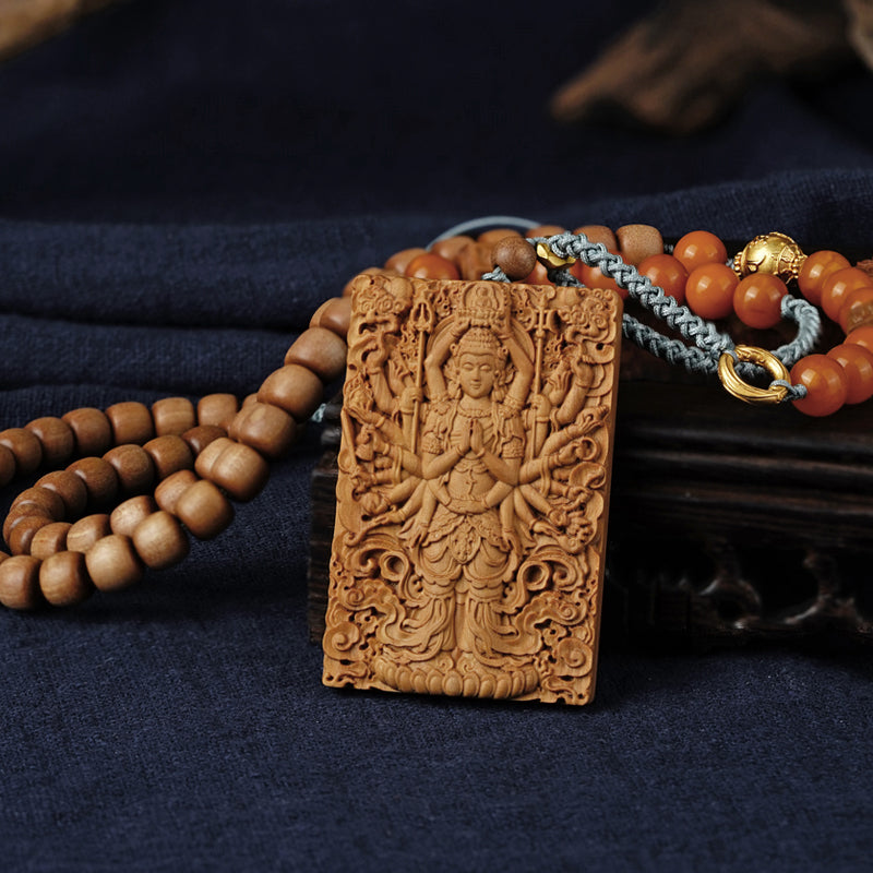 Tibetan Buddhist jewelry necklace featuring Green Tara sandalwood carving, handcrafted with devotion.