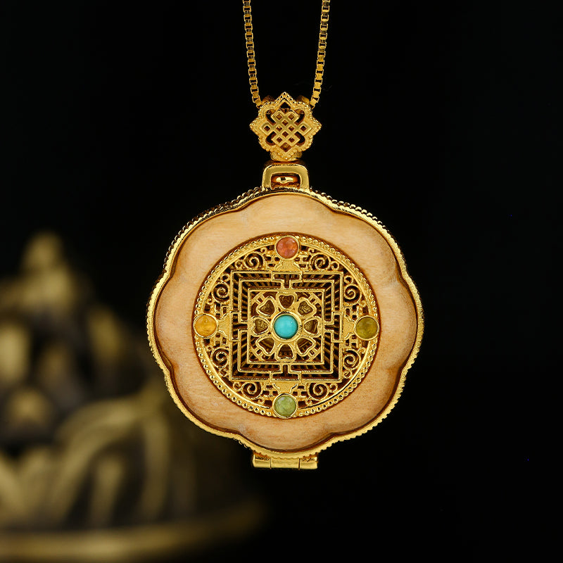 Natural sandalwood and silver locket necklace radiating calm and positive energy.