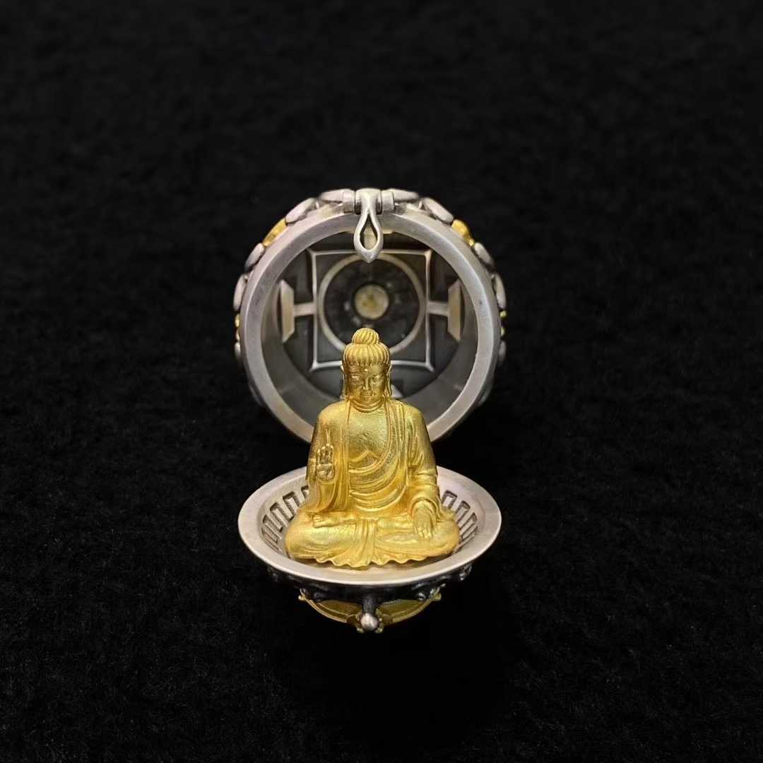 Shakyamuni Buddha Eight Auspicious Treasures pendant in S925 silver, Tibetan jewelry craftsmanship.