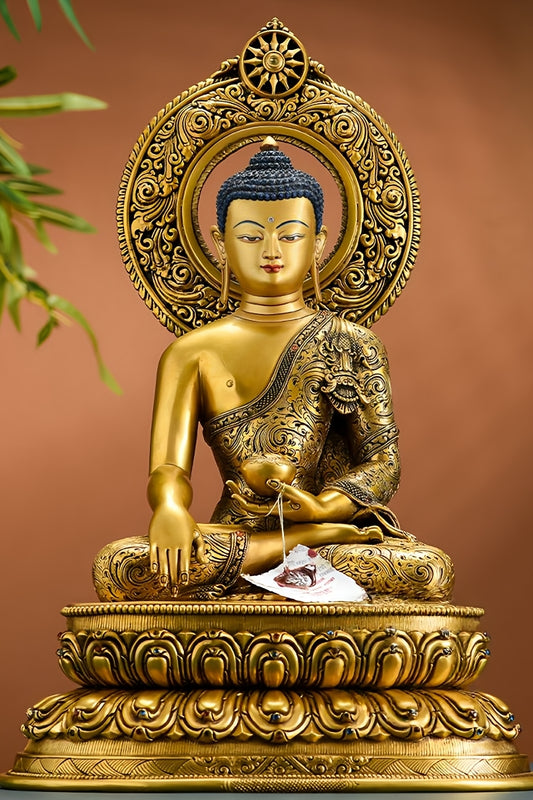 Authentic Tibetan Buddha statue of Shakyamuni, handcrafted and hand-painted in mineral colors, ideal for Buddhist shrines or decor.